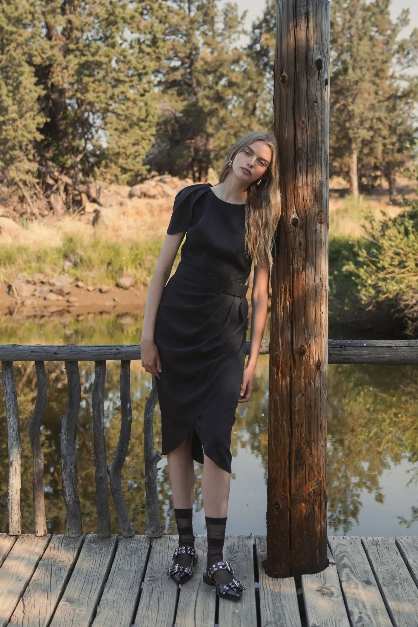 Black Crepe Boat Neck Midi Tulip Dress With Belt - Image 5