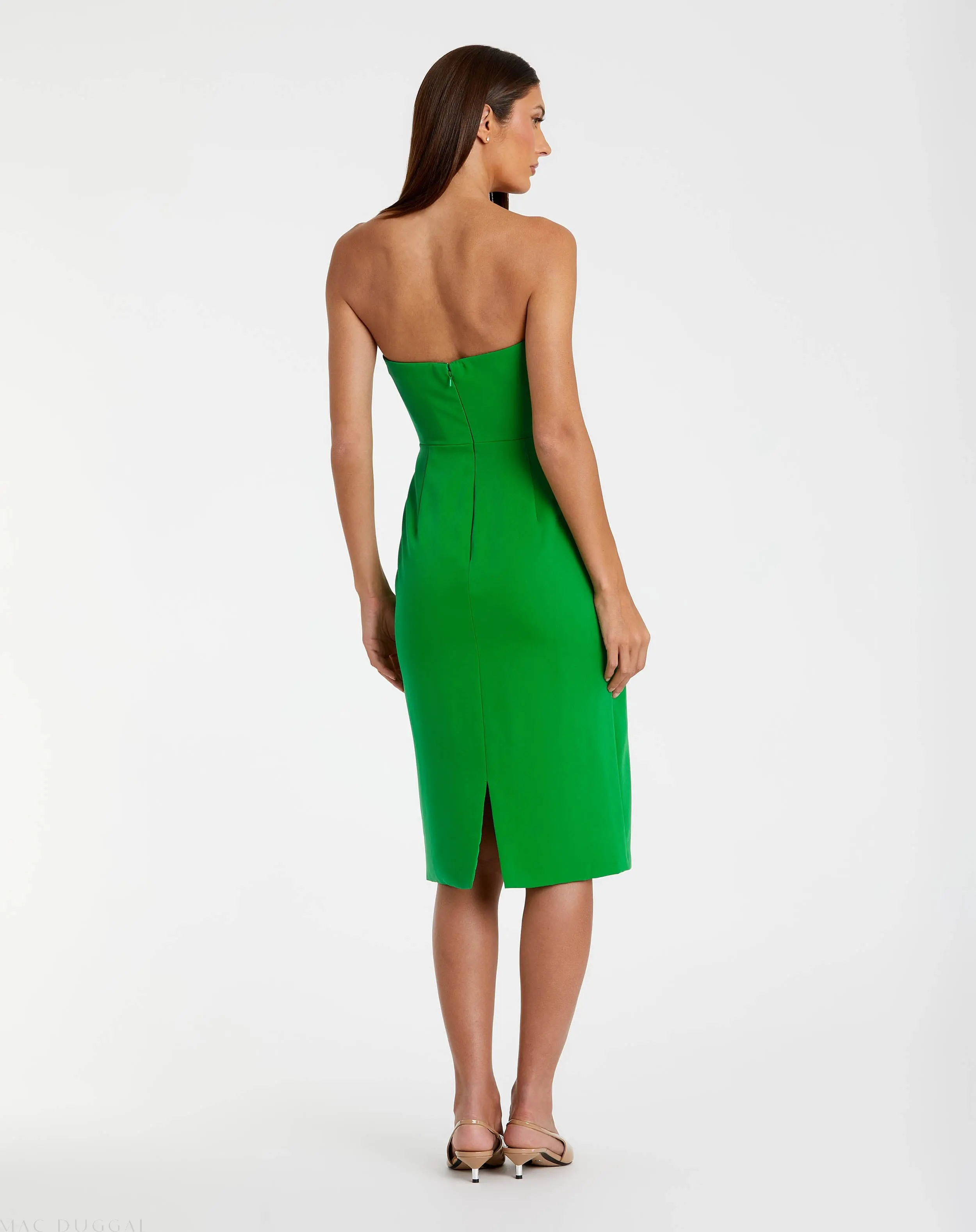 Green Crepe Strapless Twist Top Fitted Midi Dress - Image 3