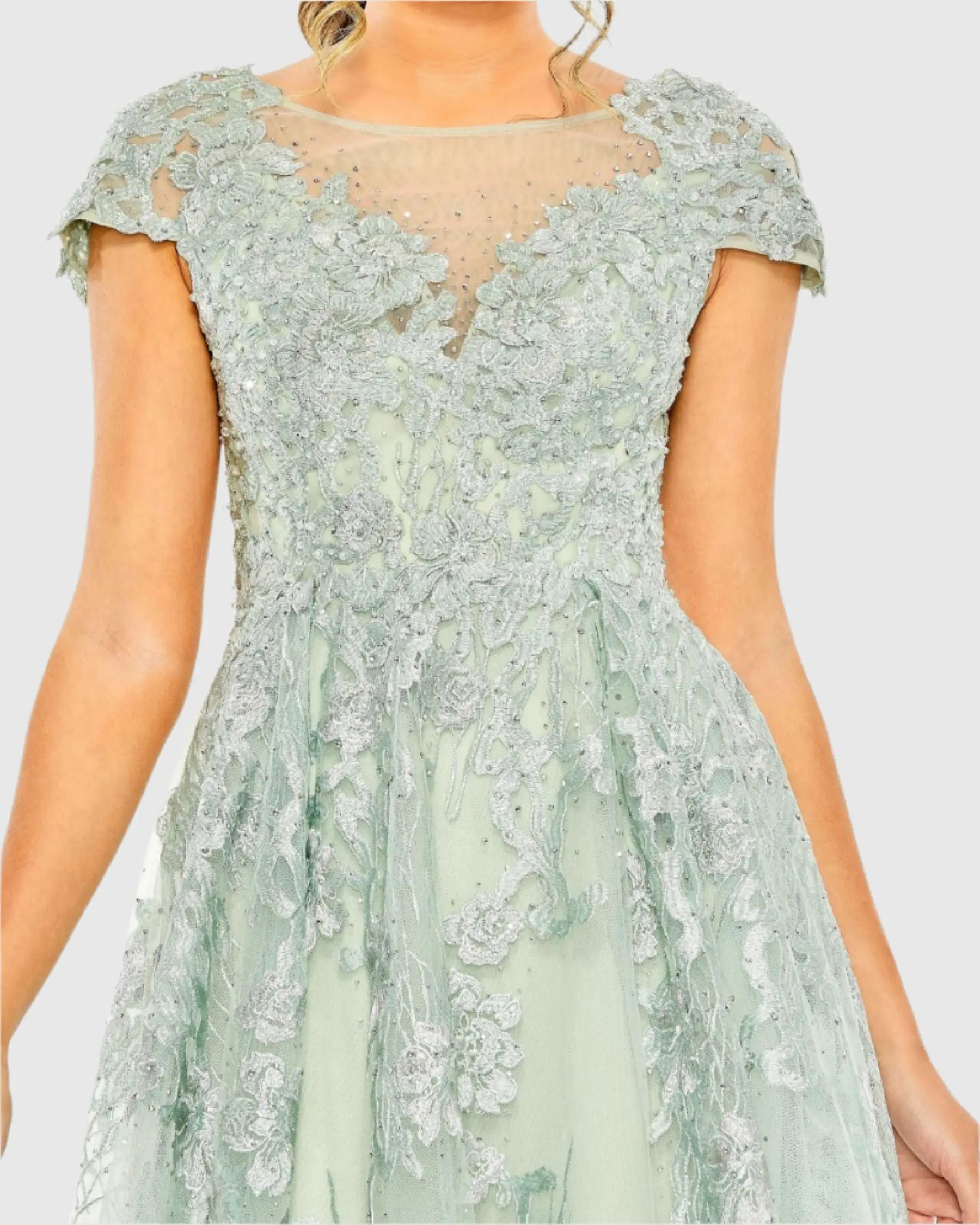 Green Embroidered Cap Sleeve A Line Dress - FINAL SALE - Image 2