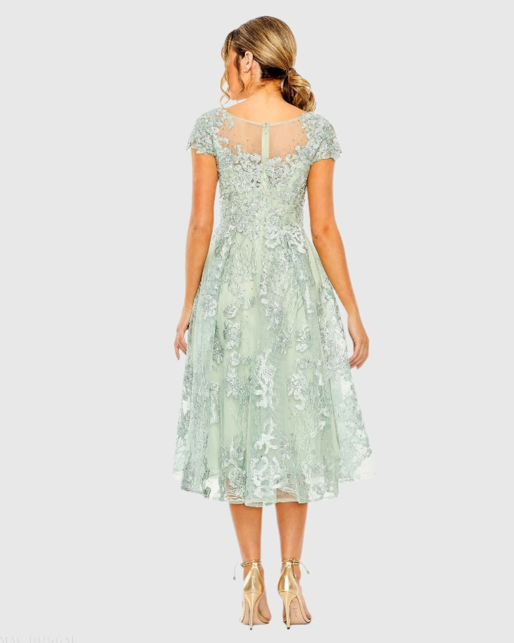 Green Embroidered Cap Sleeve A Line Dress - FINAL SALE - Image 3