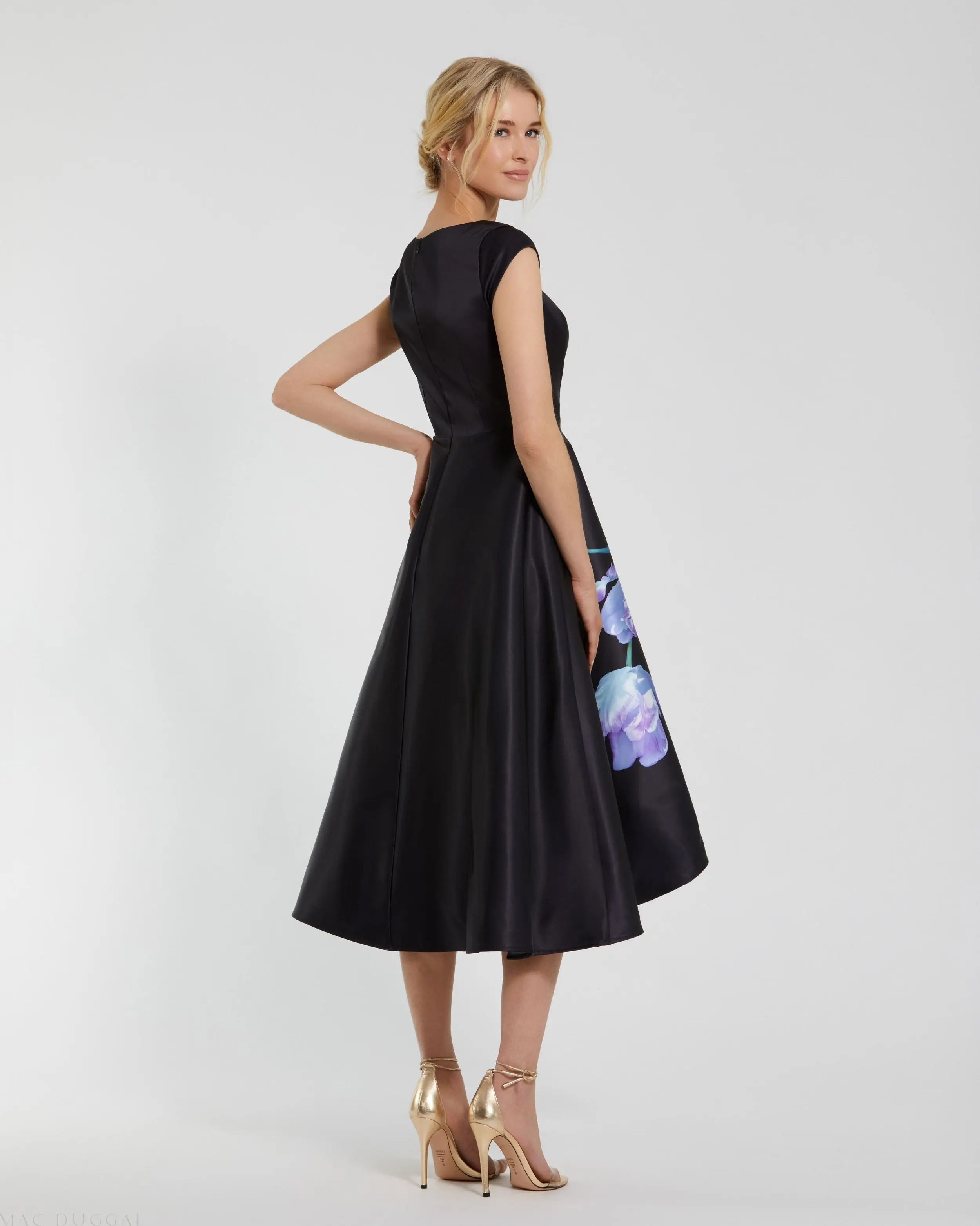 Black Satin Cap Sleeve Midi Dress With Floral Print - Image 3