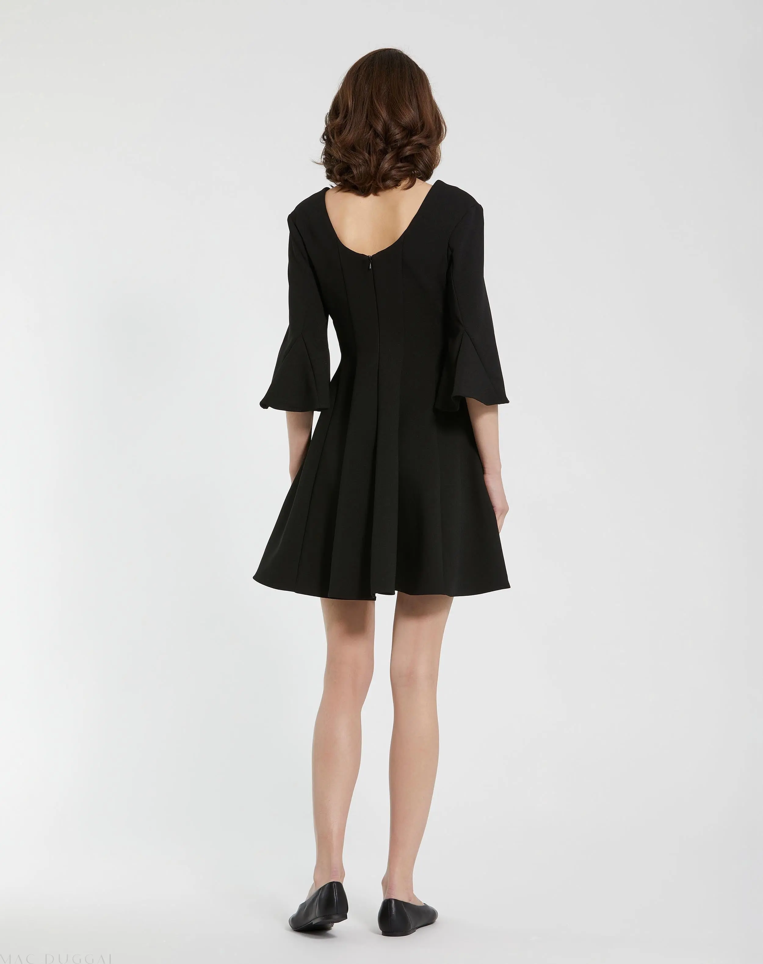 Black Crepe Square Neck 3/4 Sleeve Godet Mini Dress - FINAL SALE - Image 4