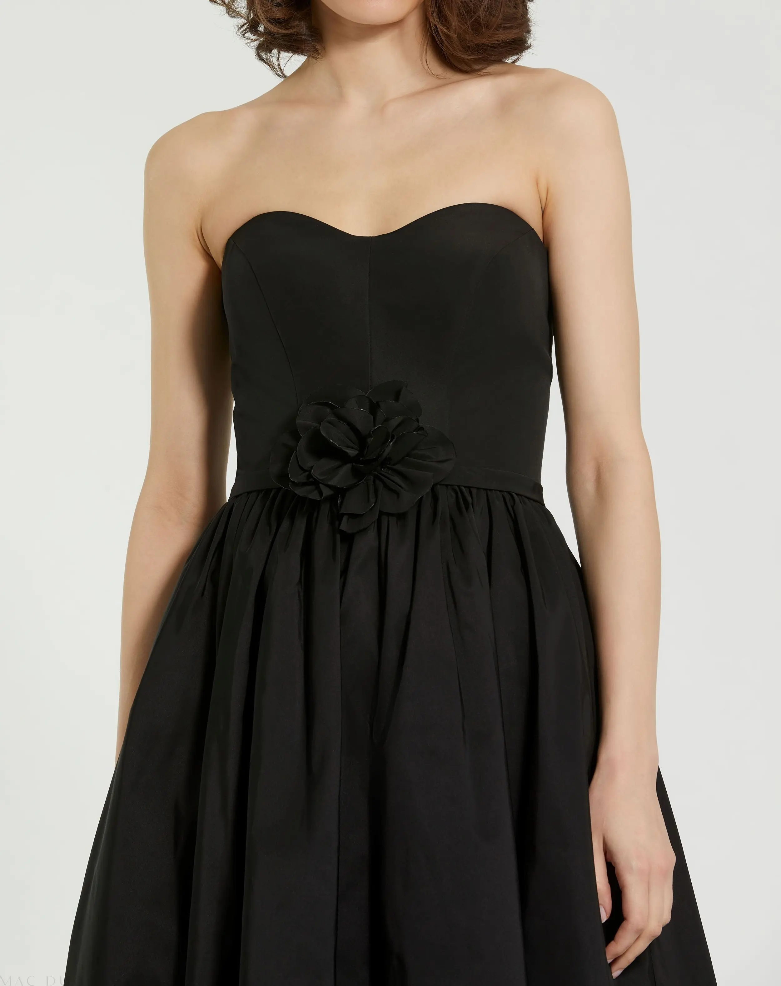 Black Faille Strapless A Line Midi Dress With 3D Rose - FINAL SALE - Image 3