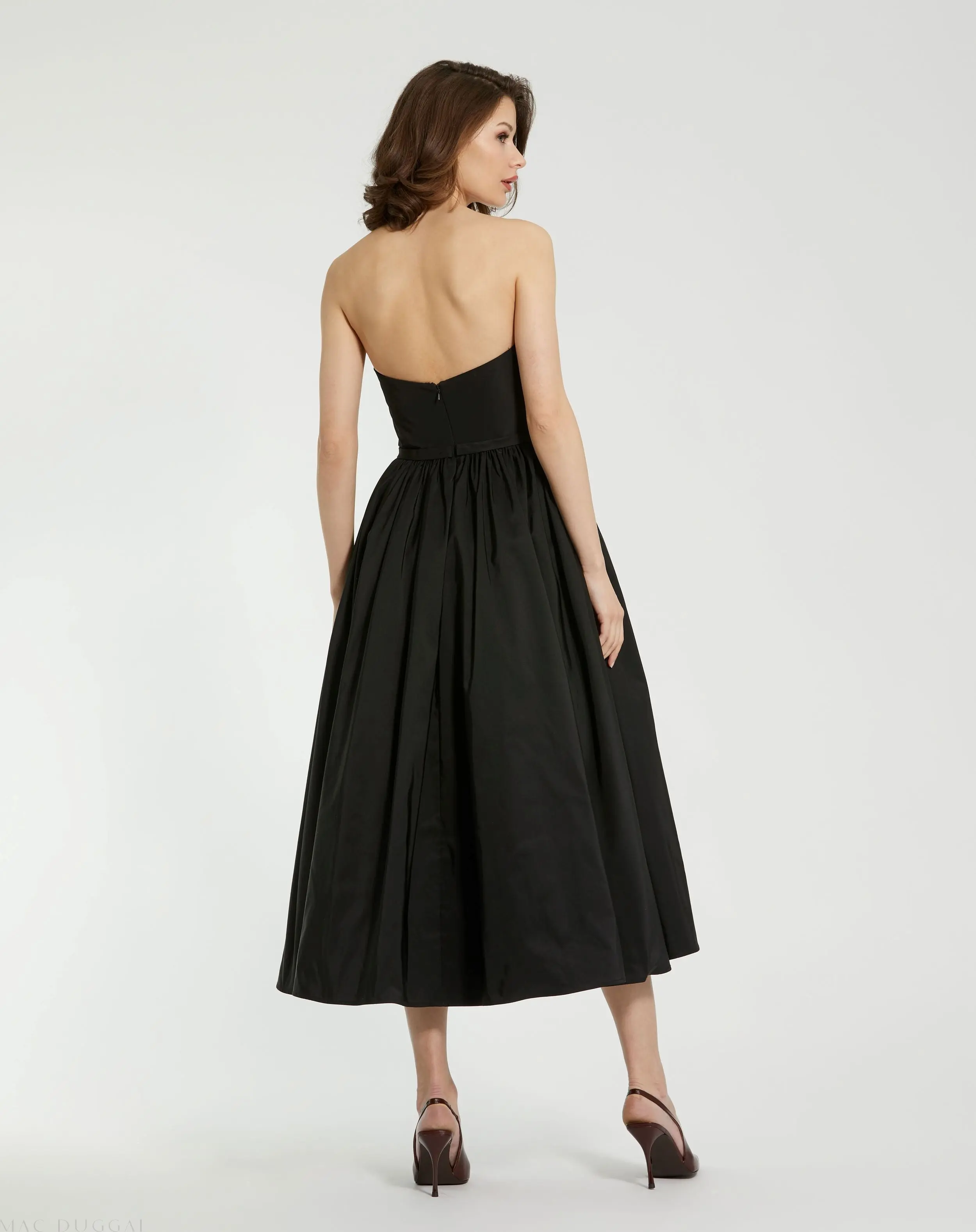 Black Faille Strapless A Line Midi Dress With 3D Rose - FINAL SALE - Image 4