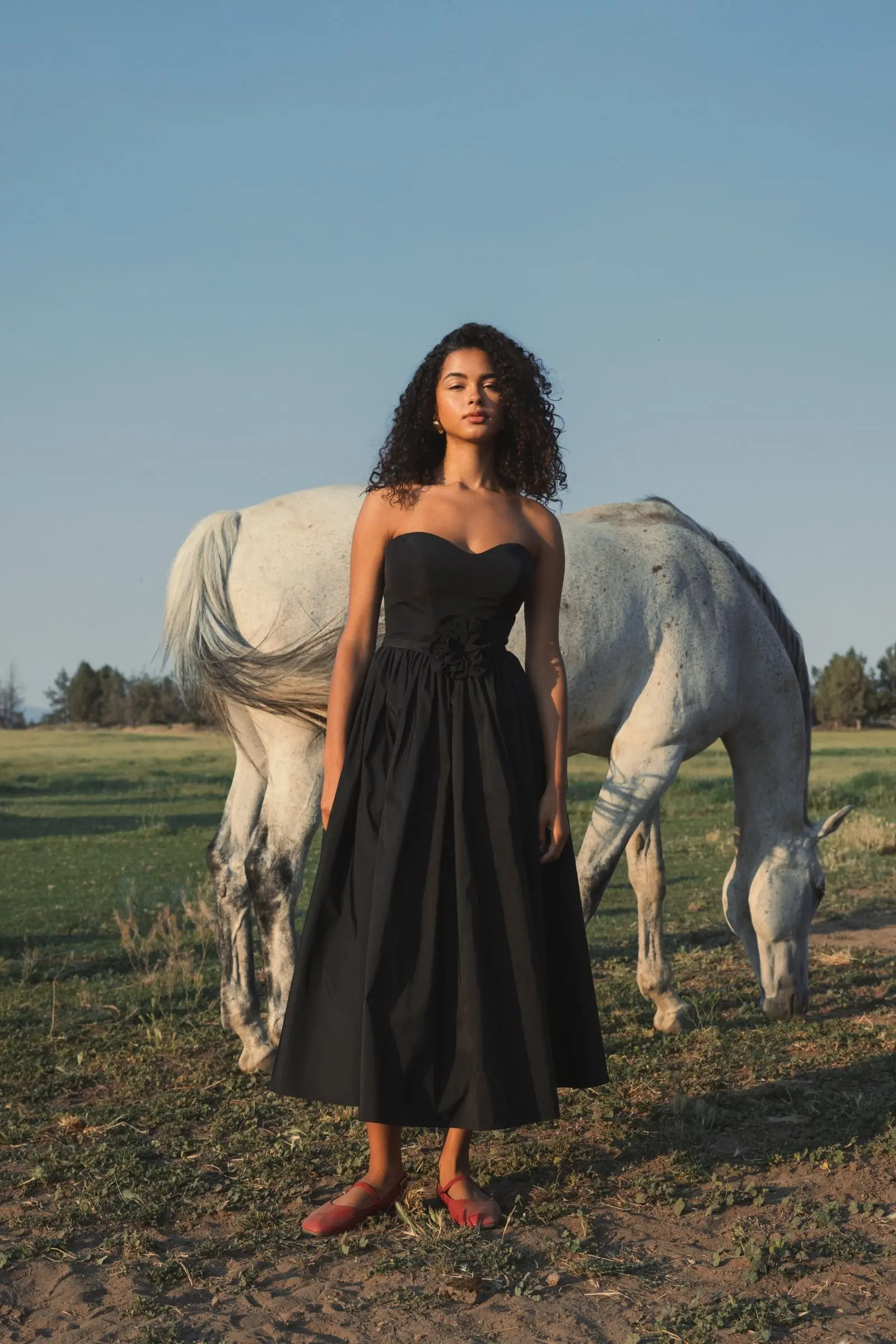 Black Faille Strapless A Line Midi Dress With 3D Rose - FINAL SALE - Image 5