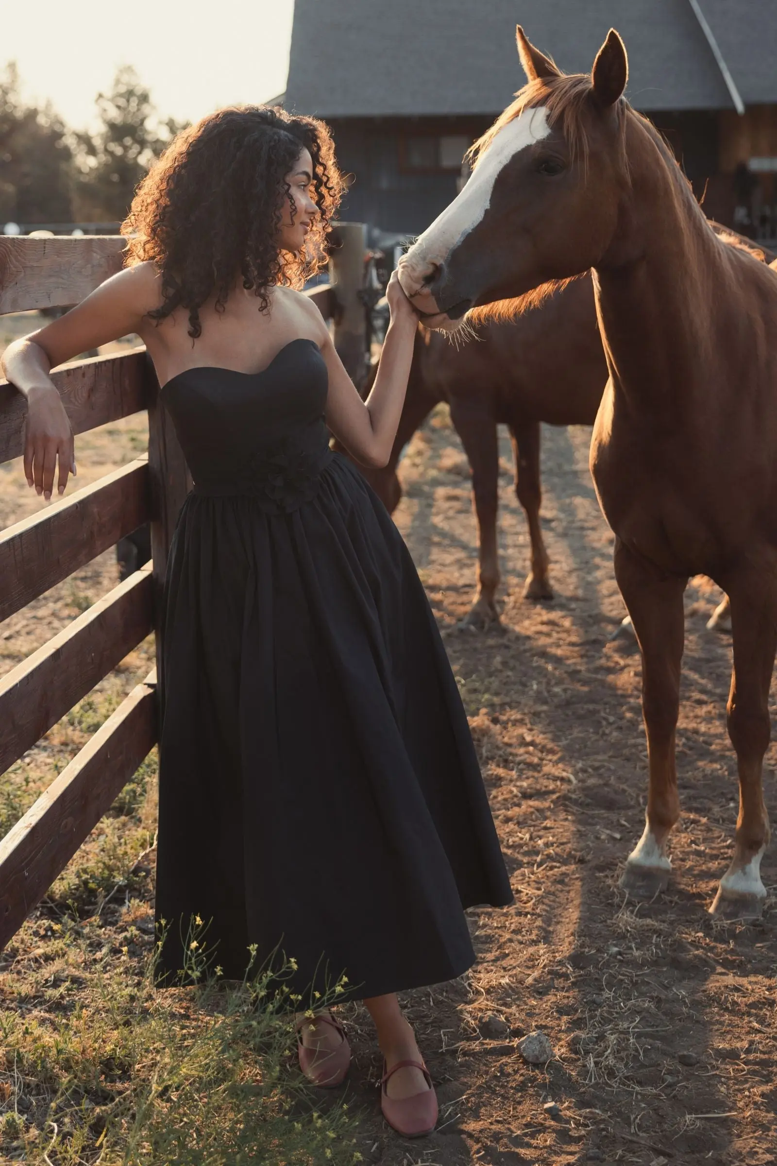 Black Faille Strapless A Line Midi Dress With 3D Rose - FINAL SALE - Image 6