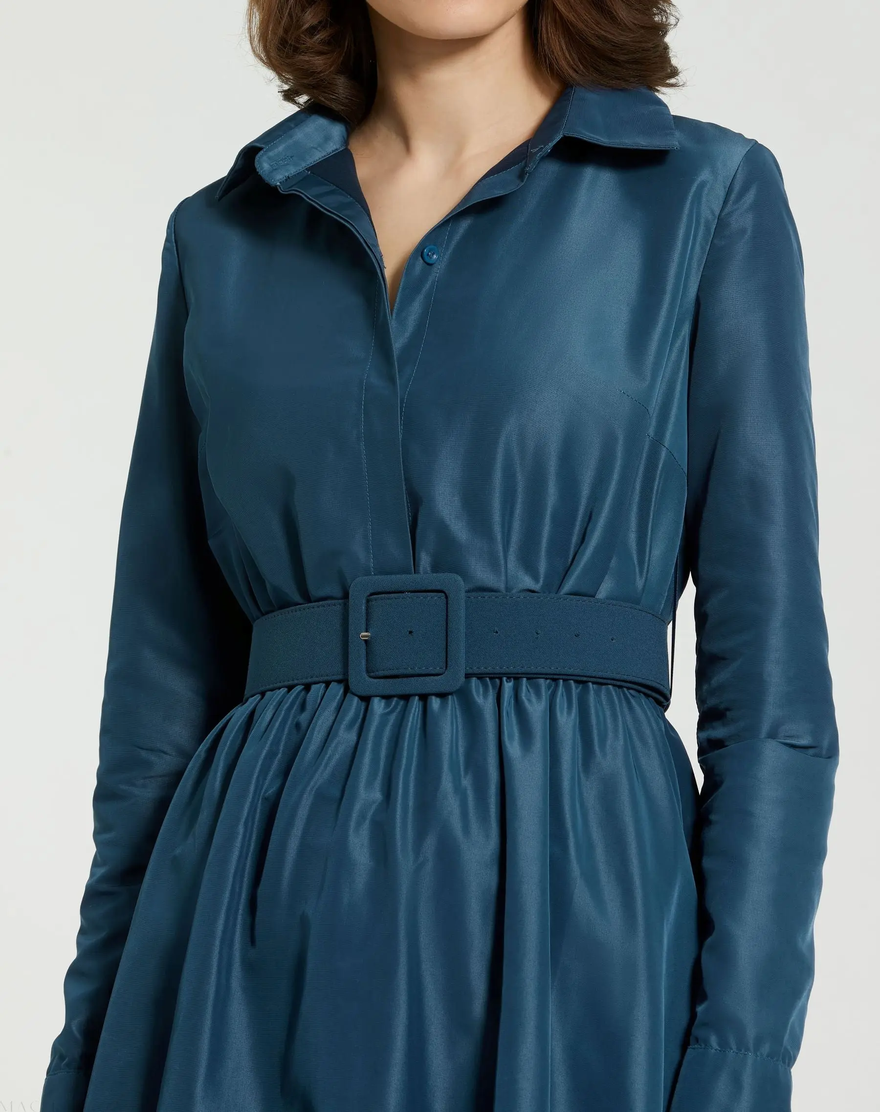 Blue Faille Long Sleeve Collared Midi Dress With Belt - FINAL SALE - Image 3