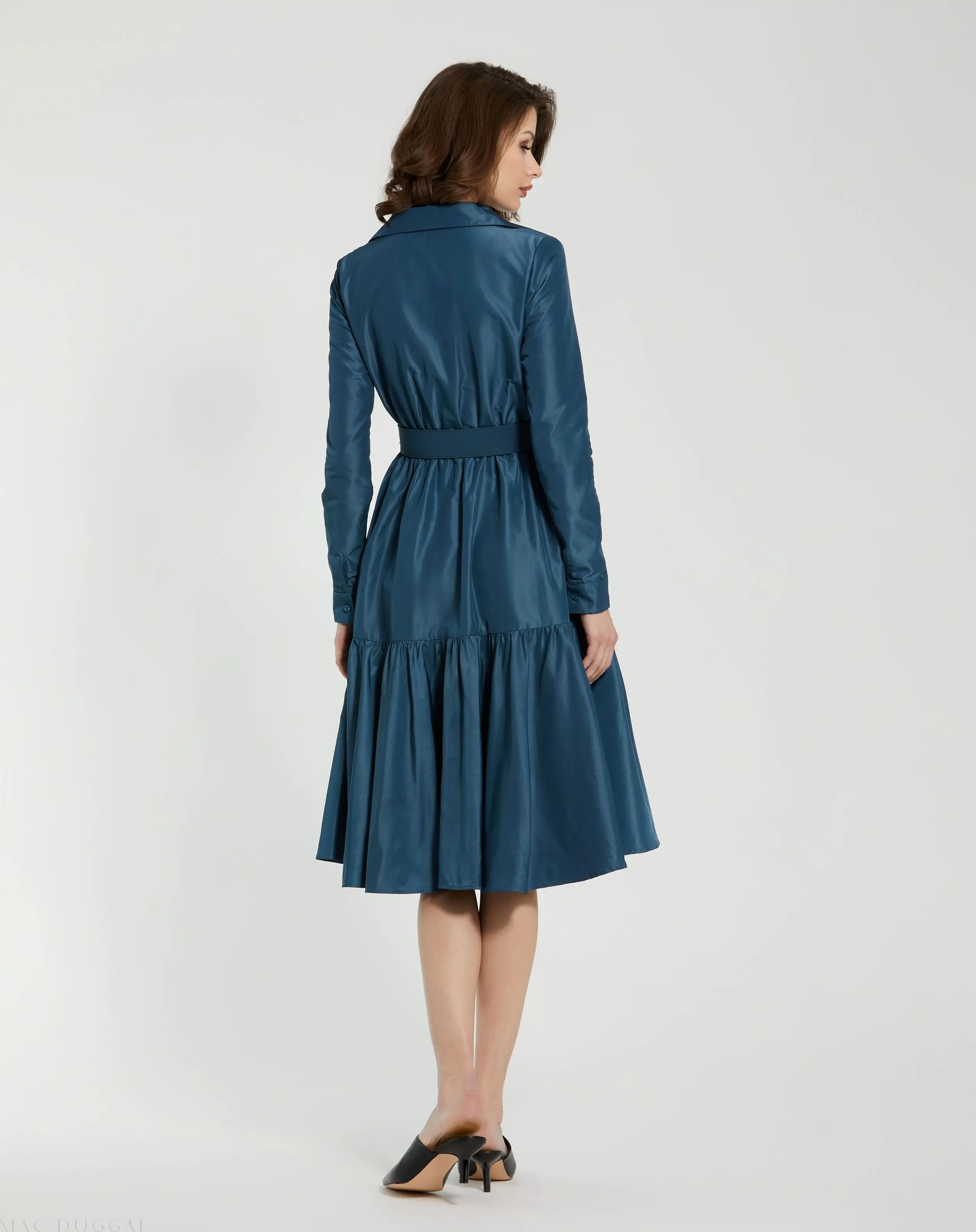 Blue Faille Long Sleeve Collared Midi Dress With Belt - FINAL SALE - Image 4