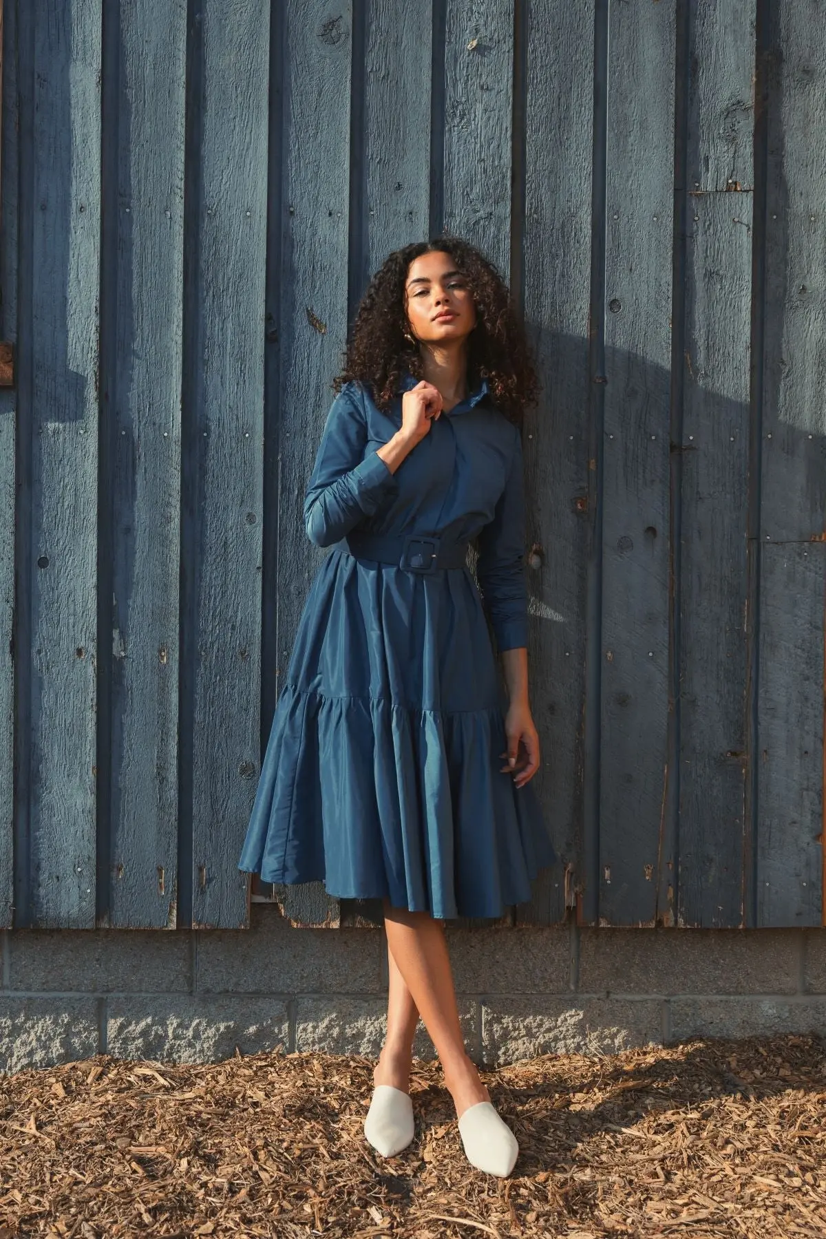 Blue Faille Long Sleeve Collared Midi Dress With Belt - FINAL SALE - Image 5