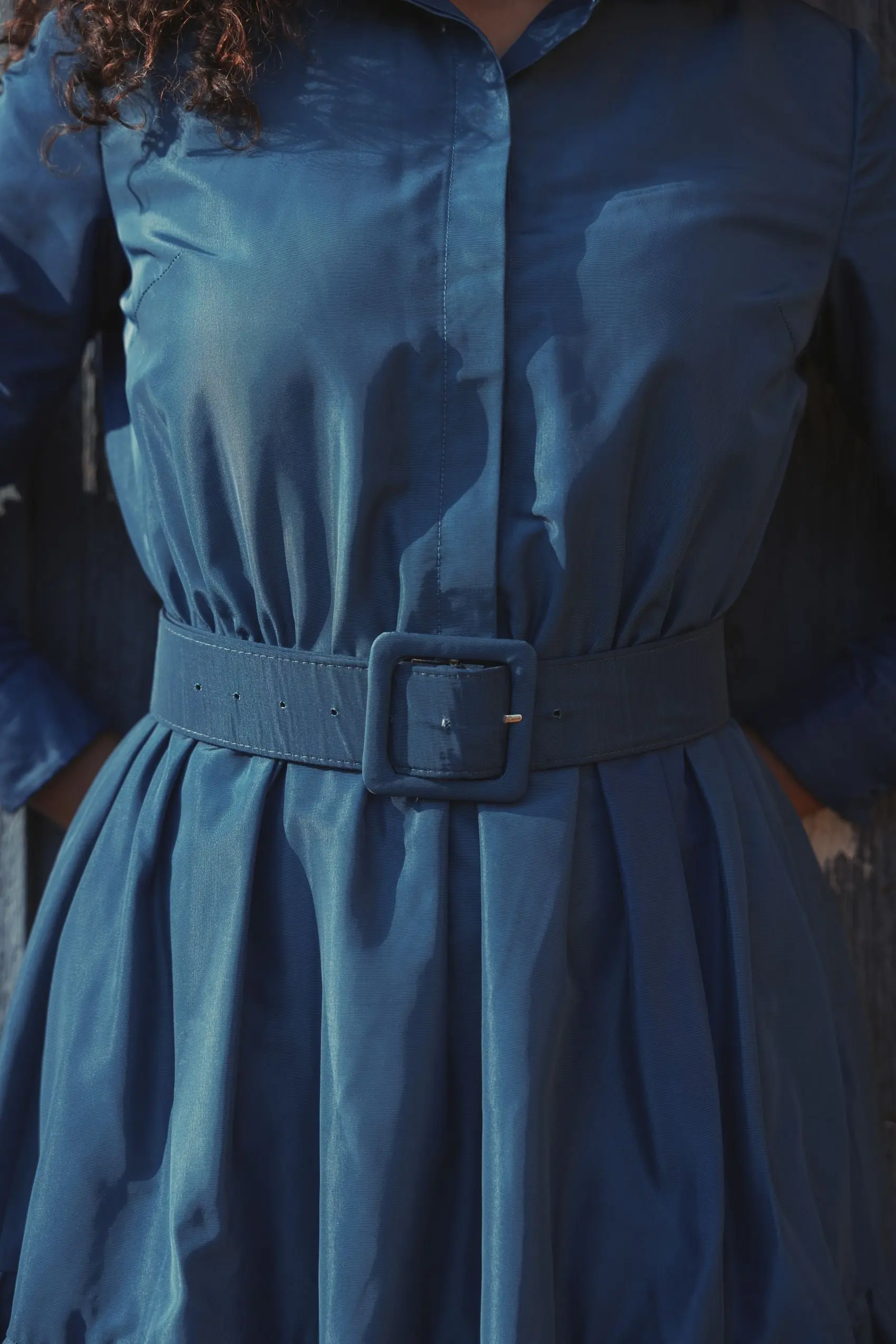 Blue Faille Long Sleeve Collared Midi Dress With Belt - FINAL SALE - Image 6