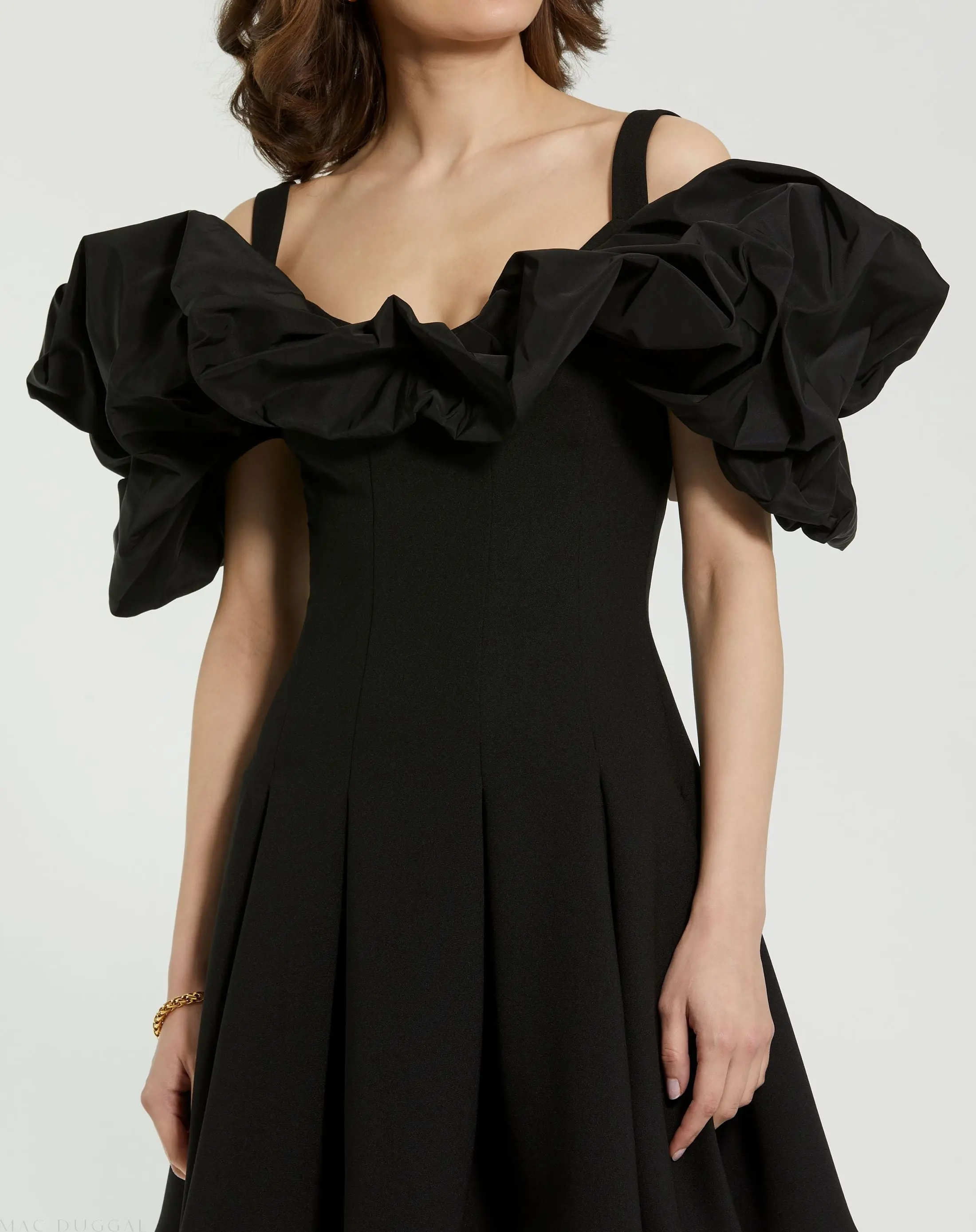 Black Crepe Godet Hem Mini Dress With Faille Ruffle - FINAL SALE - Image 3