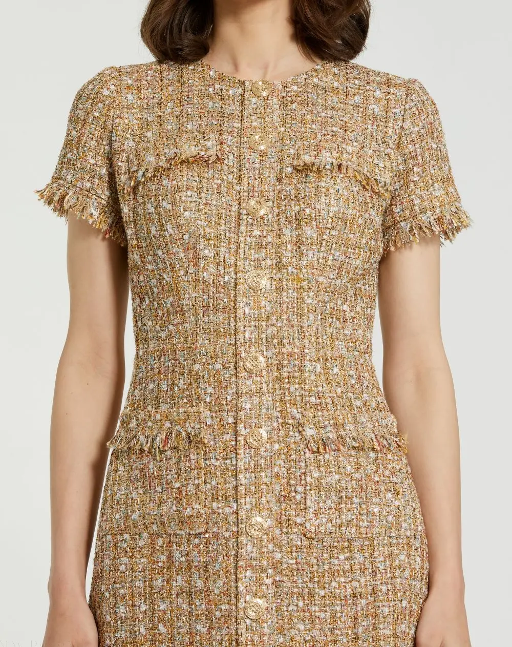Beige Boucle Short Sleeve Mini Dress With Pockets - Image 4
