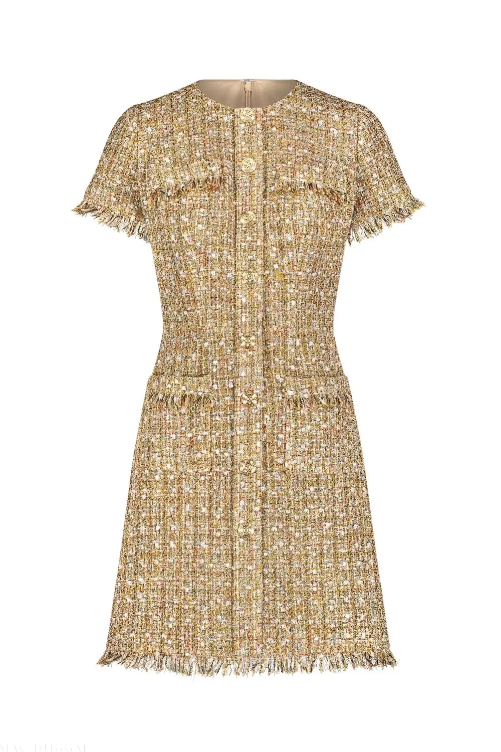 Beige Boucle Short Sleeve Mini Dress With Pockets - Image 6