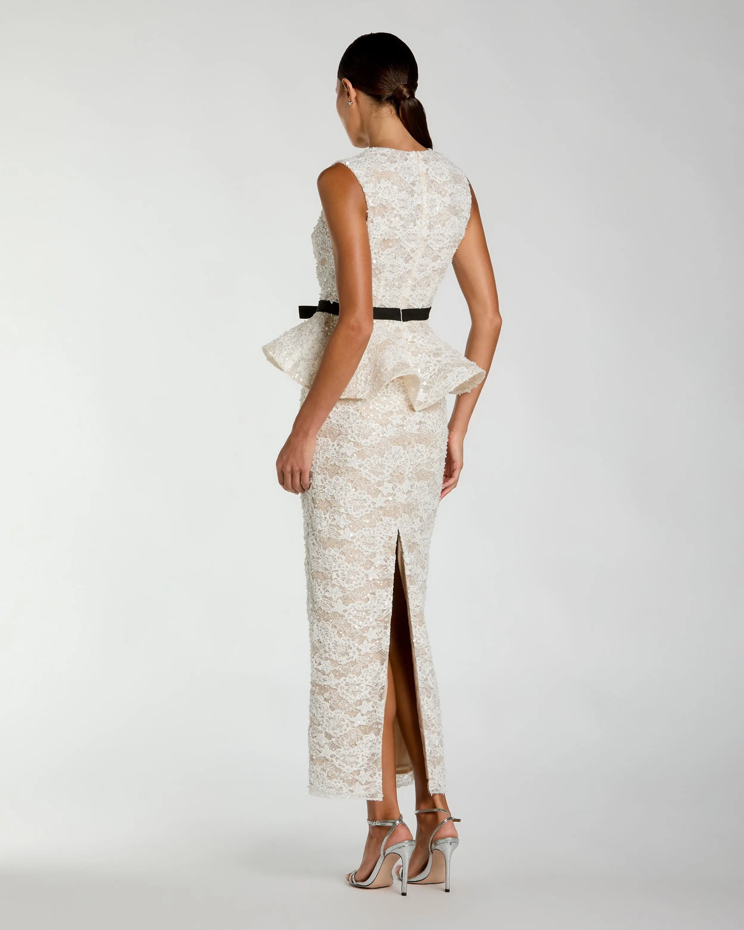 White Lace Peplum Column Dress with Bow - Image 3