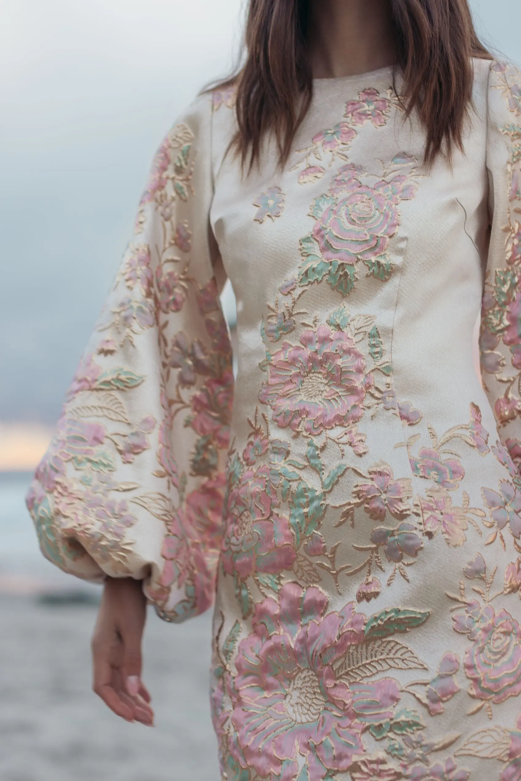 Ivory Brocade High Neck Long Sleeve Mini Dress - Image 5