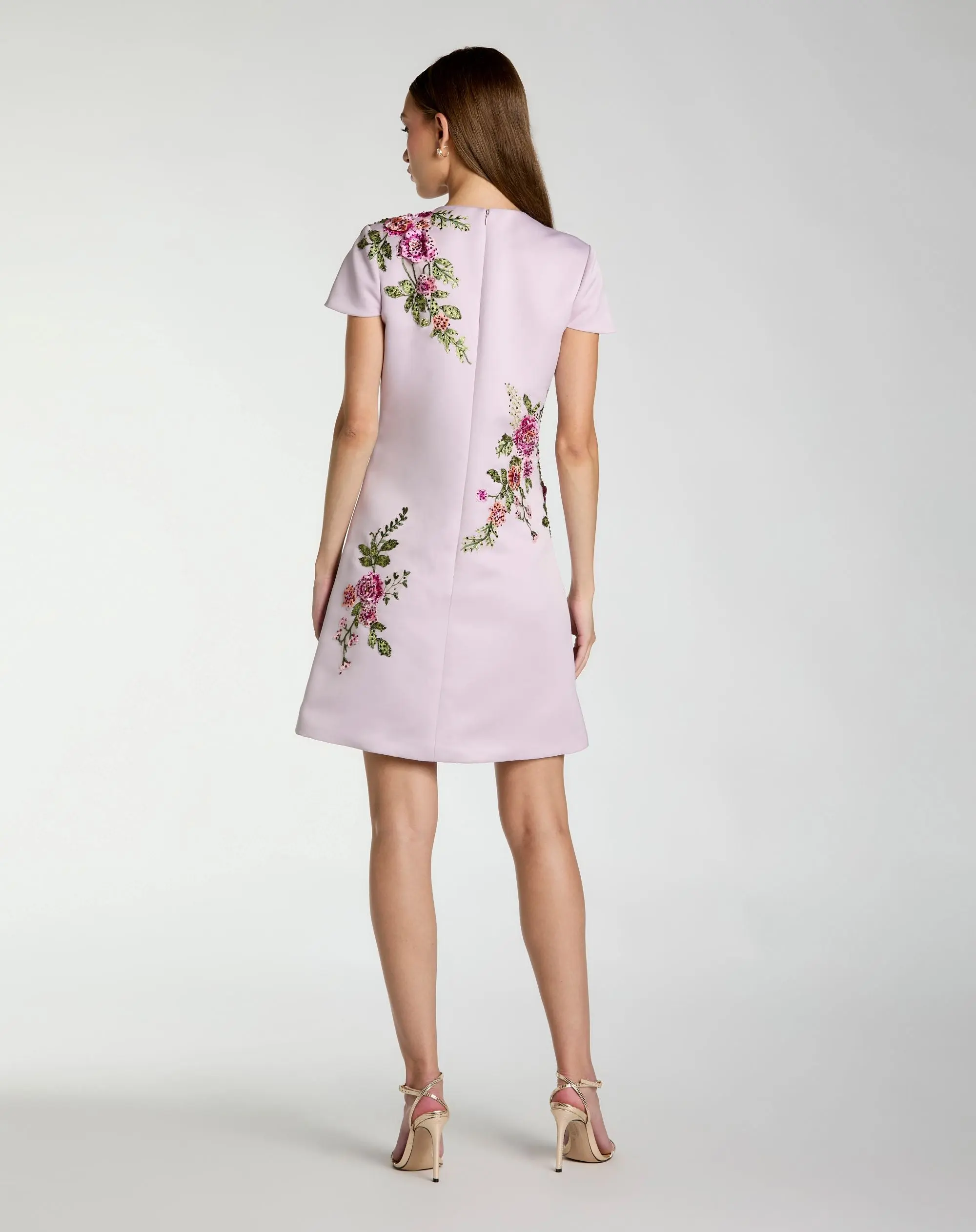 Purple Cap Sleeve Embroidered Satin Mini Dress - Image 3