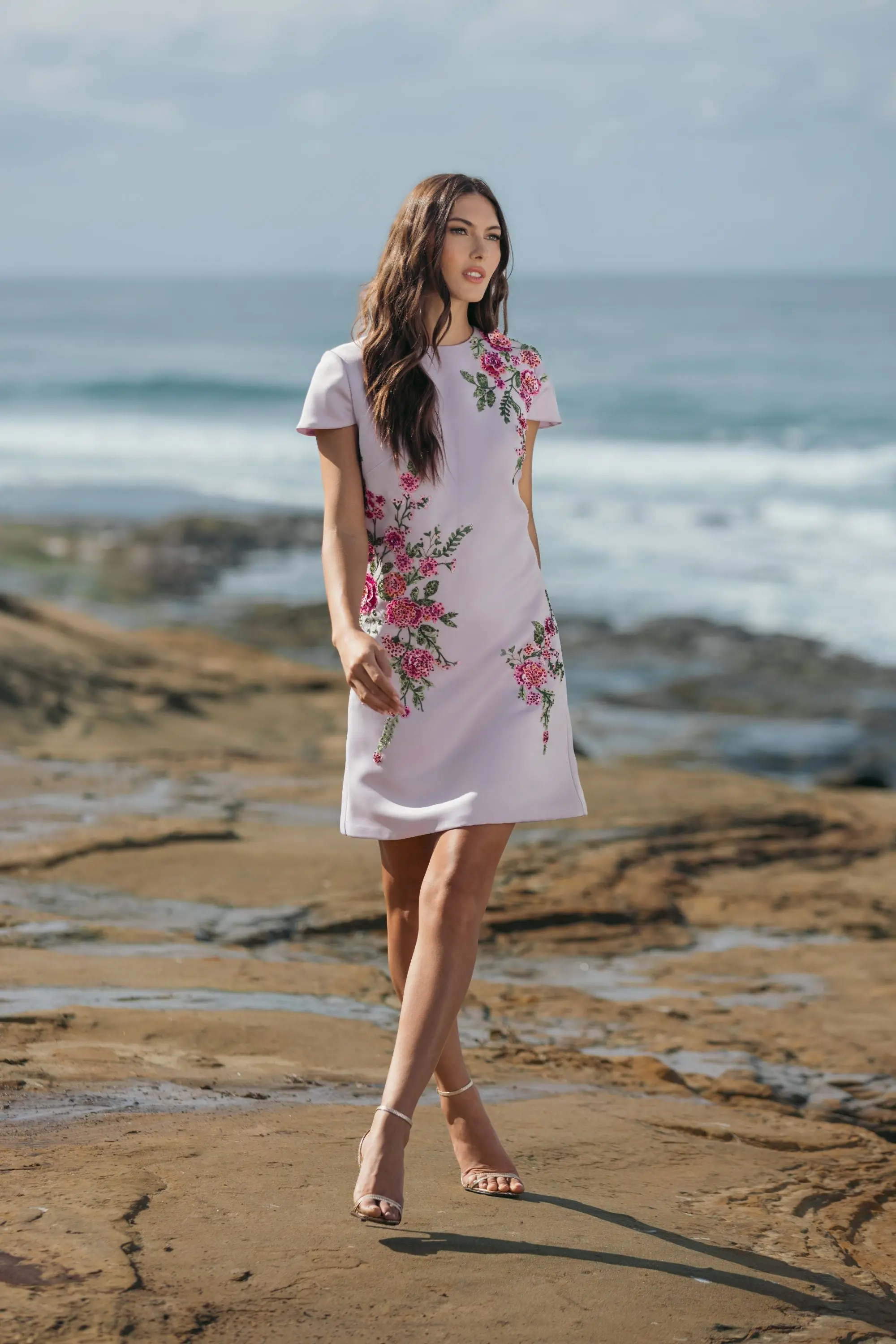 Purple Cap Sleeve Embroidered Satin Mini Dress - Image 4