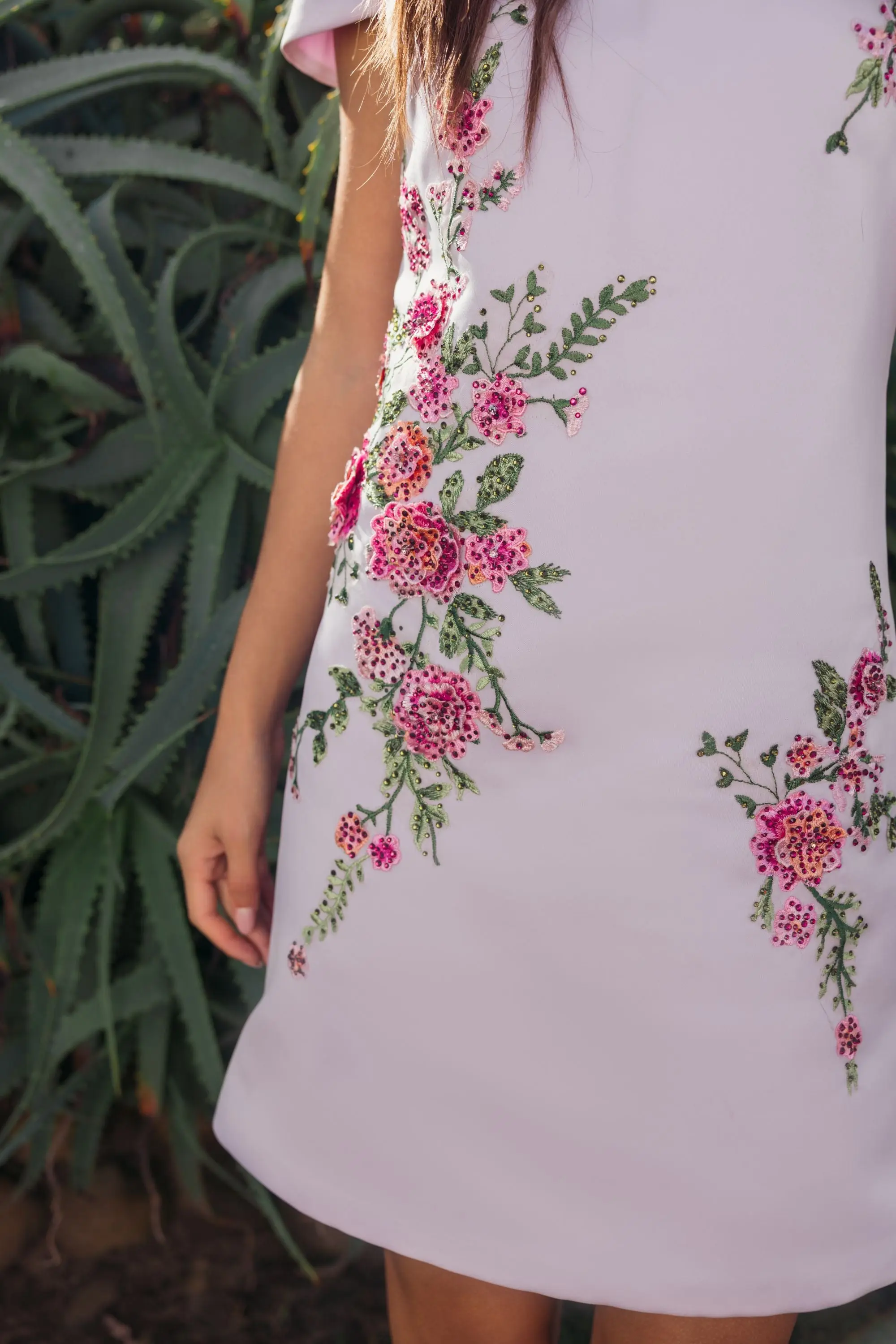Purple Cap Sleeve Embroidered Satin Mini Dress - Image 5