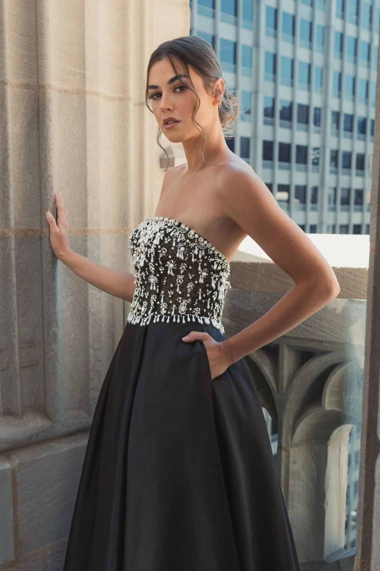 Black Strapless Embellished Top Satin Ball Gown - Image 5