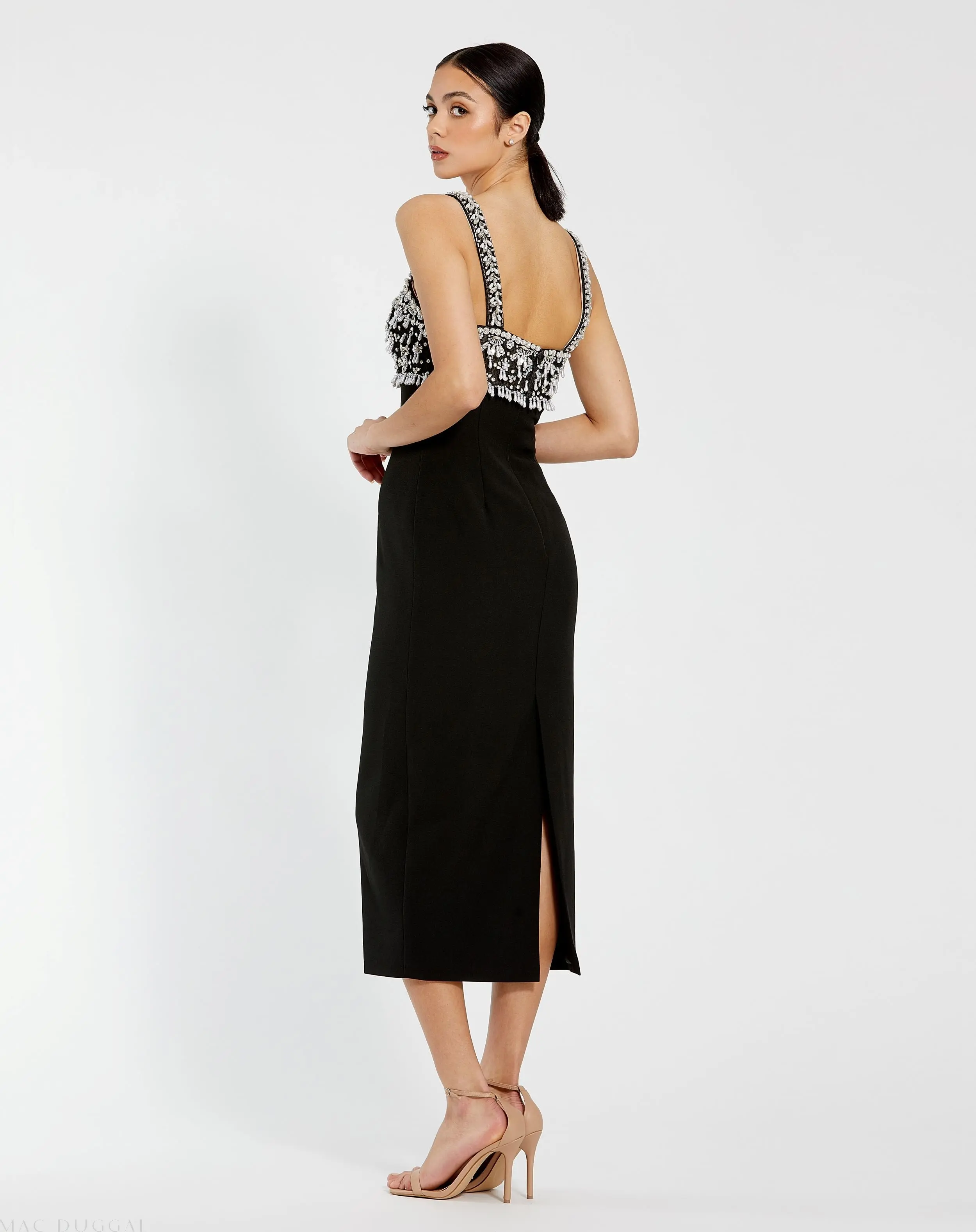 Black Wide Strap Embellished Top Midi Dress - Image 3