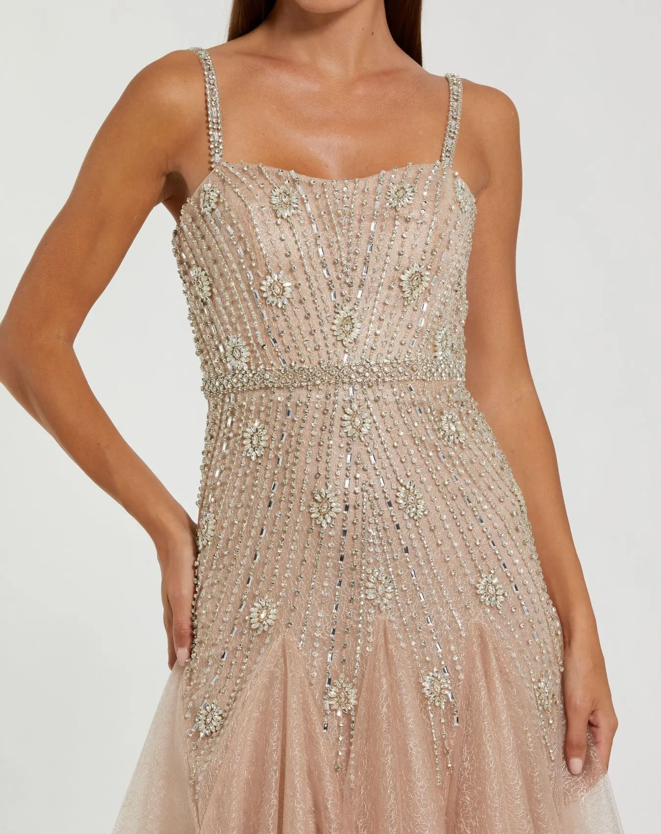 Beige Slim Strap Embellished Bustier Gown - Image 2