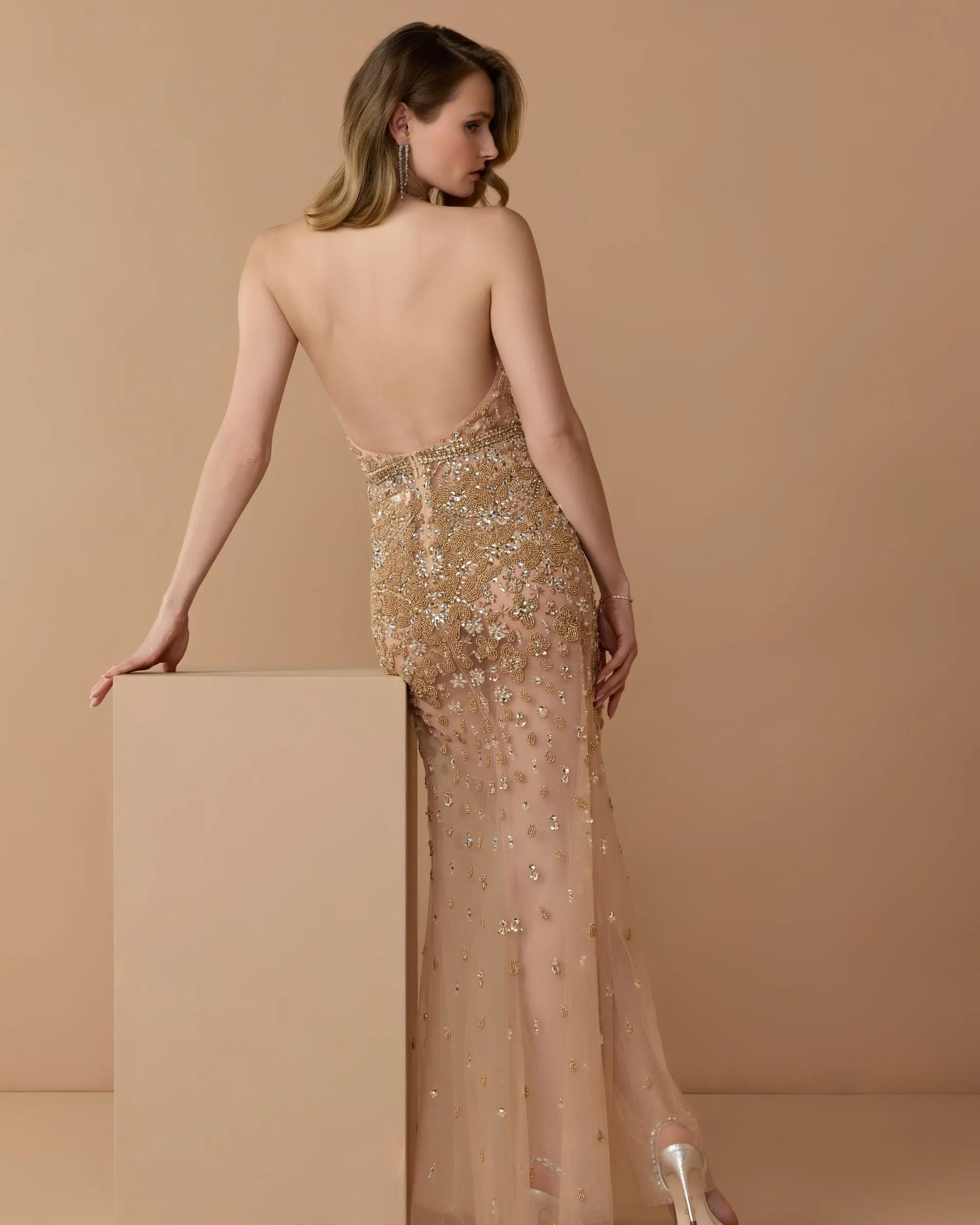 Gold Hand Embellished Open Back Halter Gown - Image 3