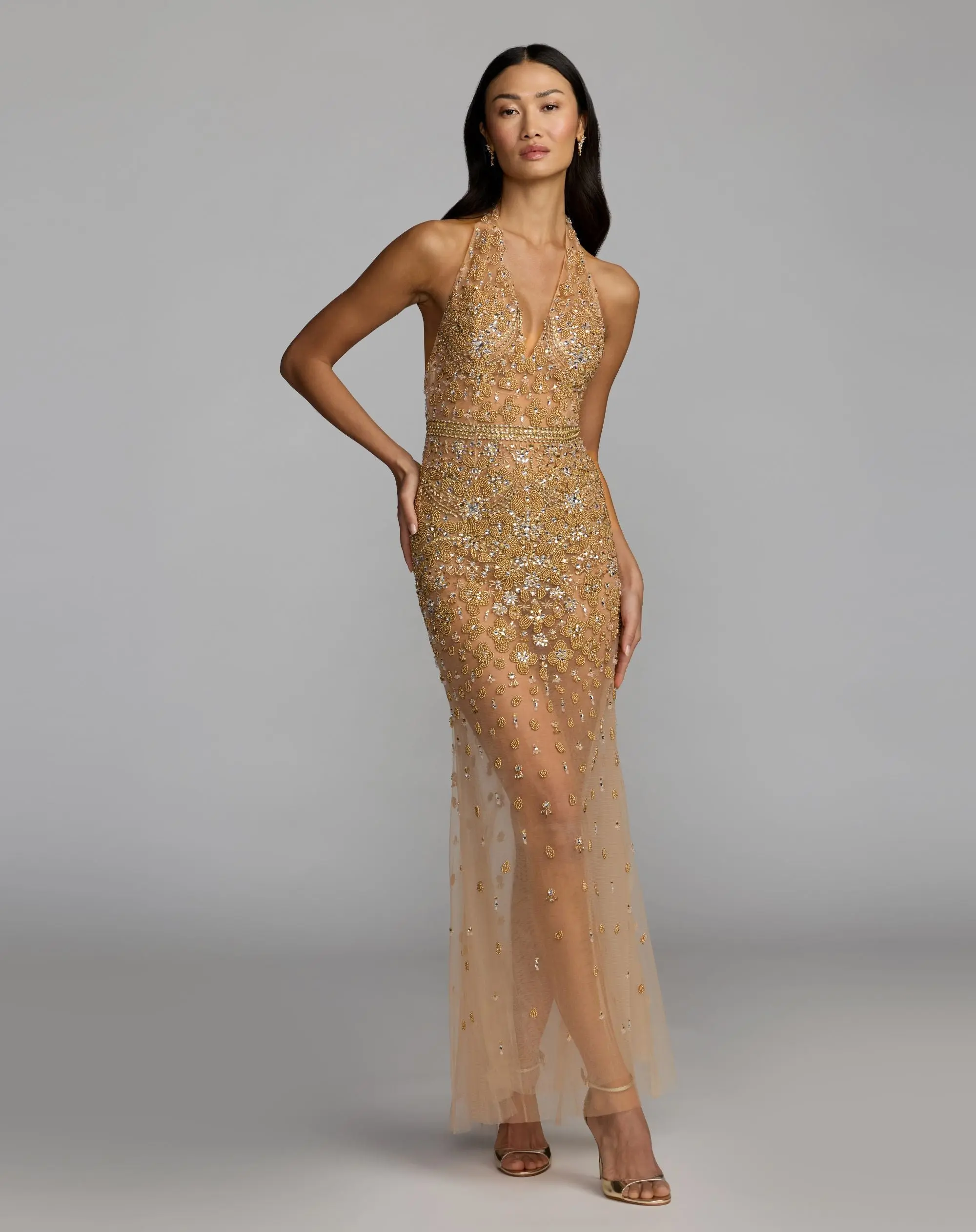 Gold Hand Embellished Open Back Halter Gown - Image 4