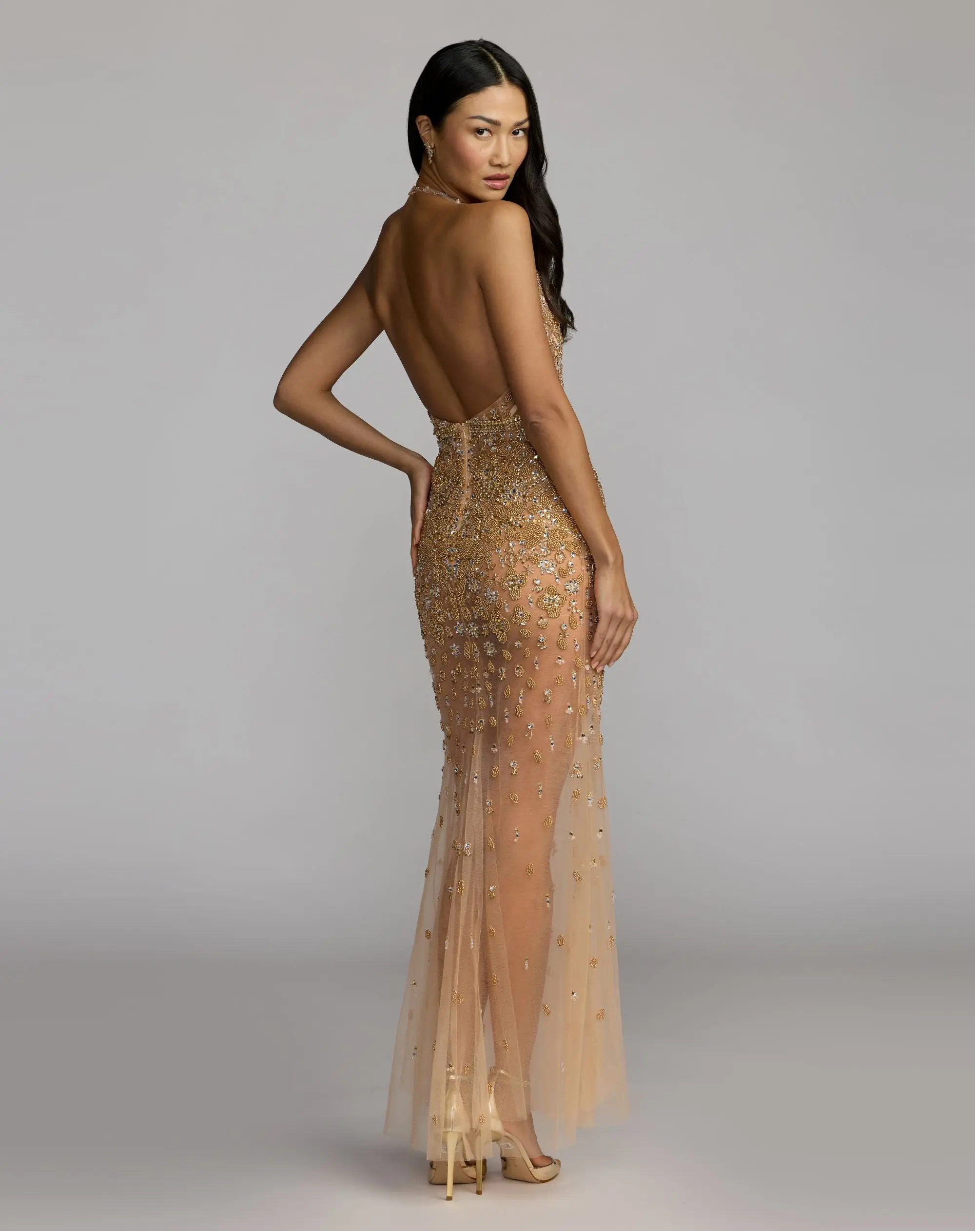 Gold Hand Embellished Open Back Halter Gown - Image 7
