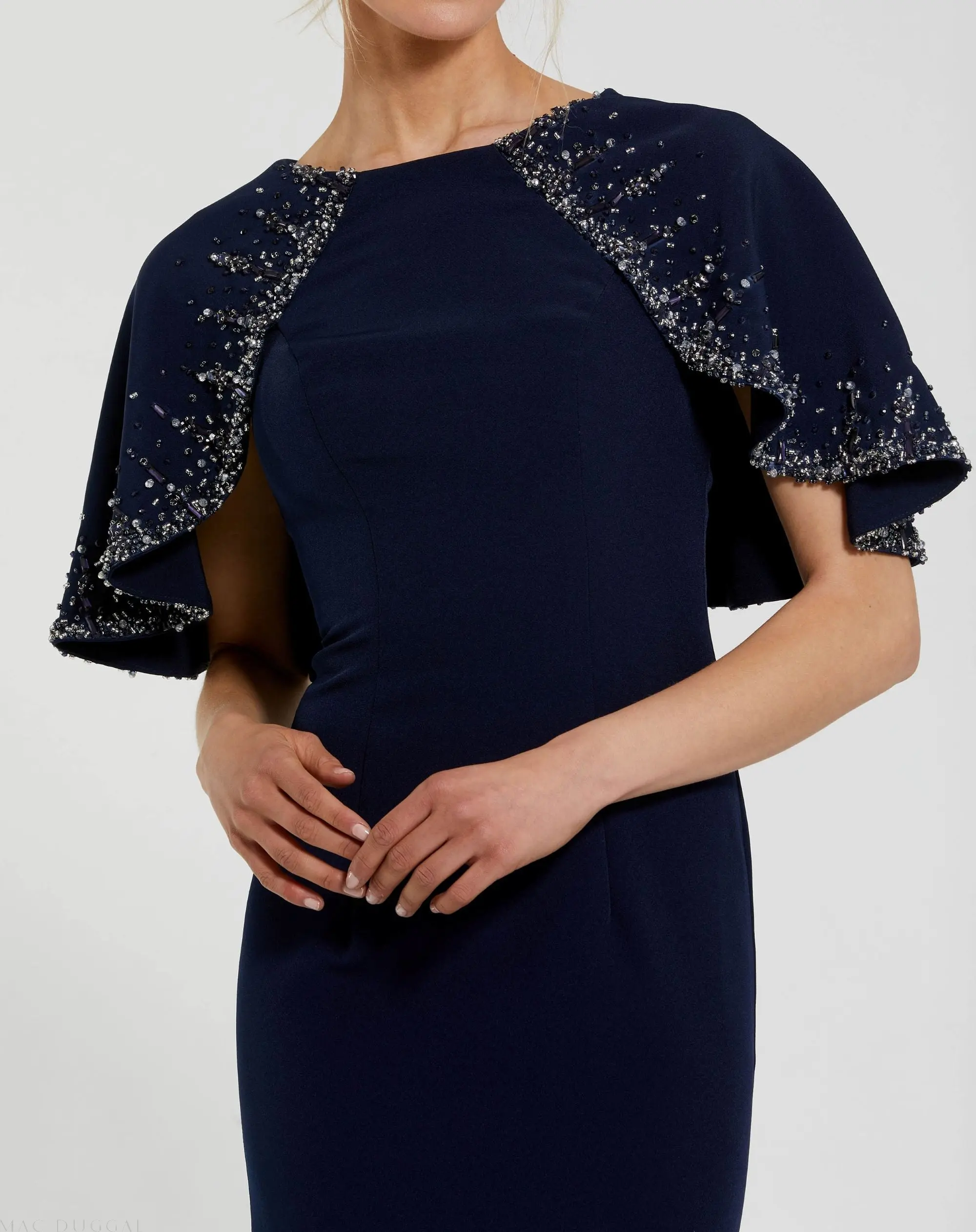 Navy Crepe High Neck Fitted Gown With Beaded Shawl - Image 2