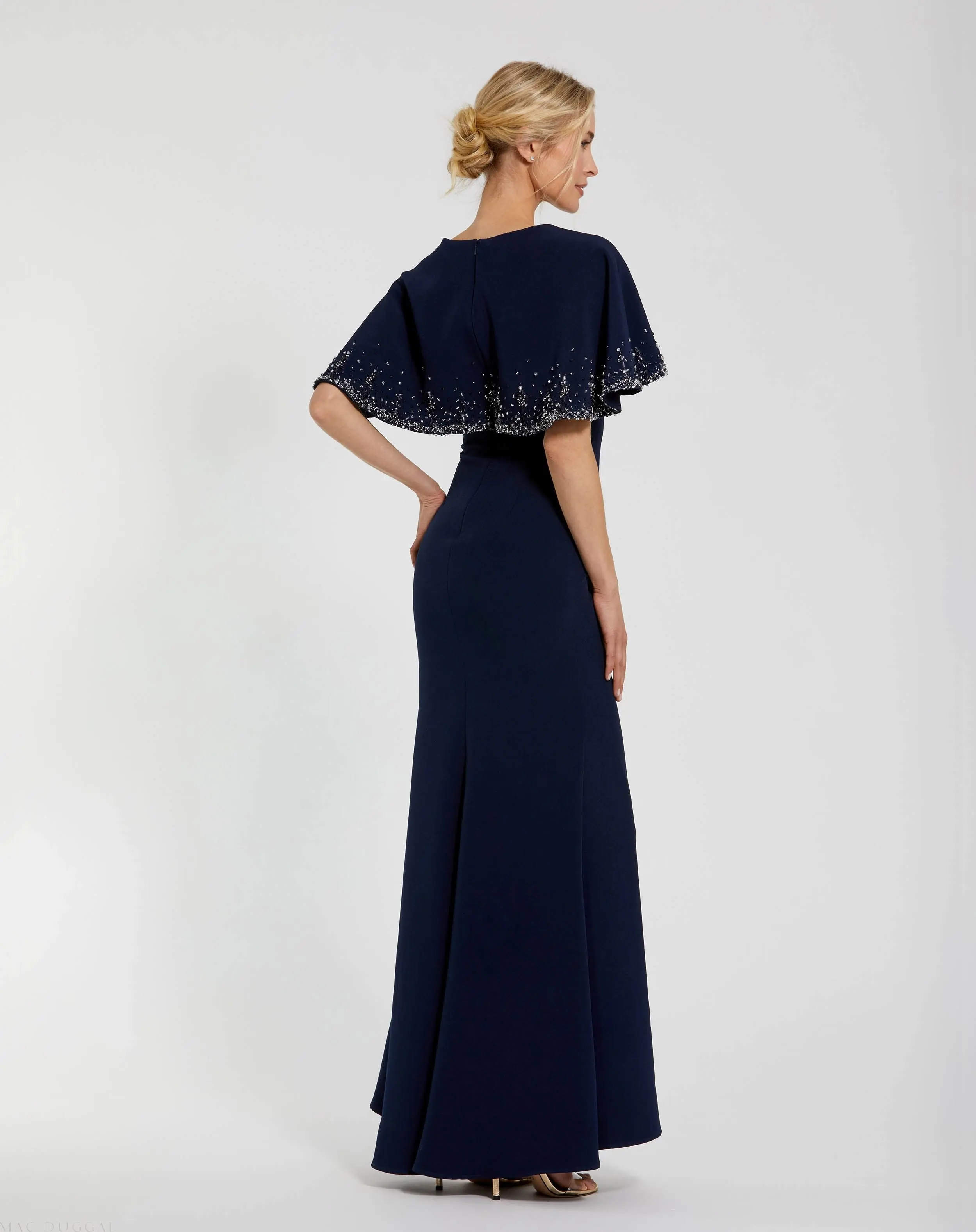 Navy Crepe High Neck Fitted Gown With Beaded Shawl - Image 3
