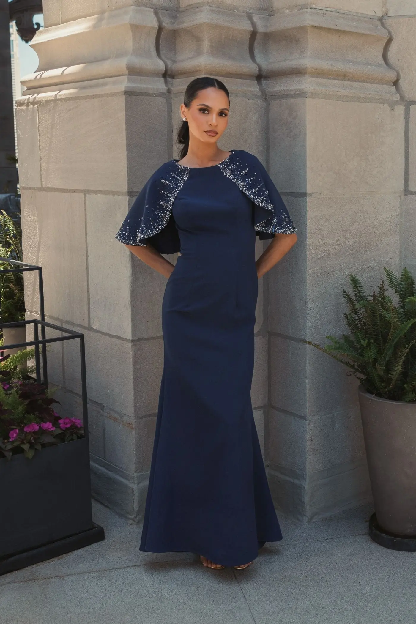 Navy Crepe High Neck Fitted Gown With Beaded Shawl - Image 4