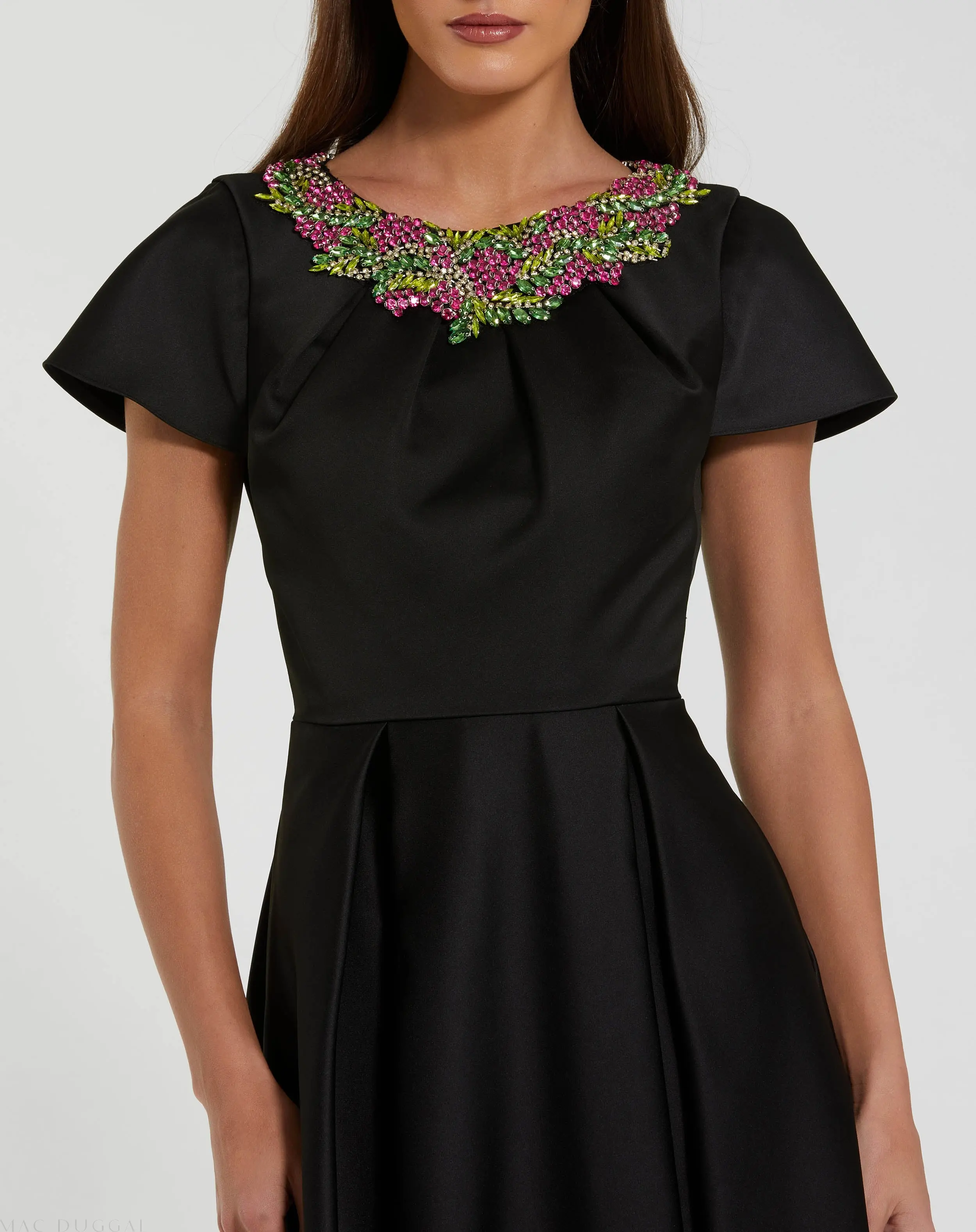 Black Satin Flutter Sleeve Gown With Neckline Beading - Image 2