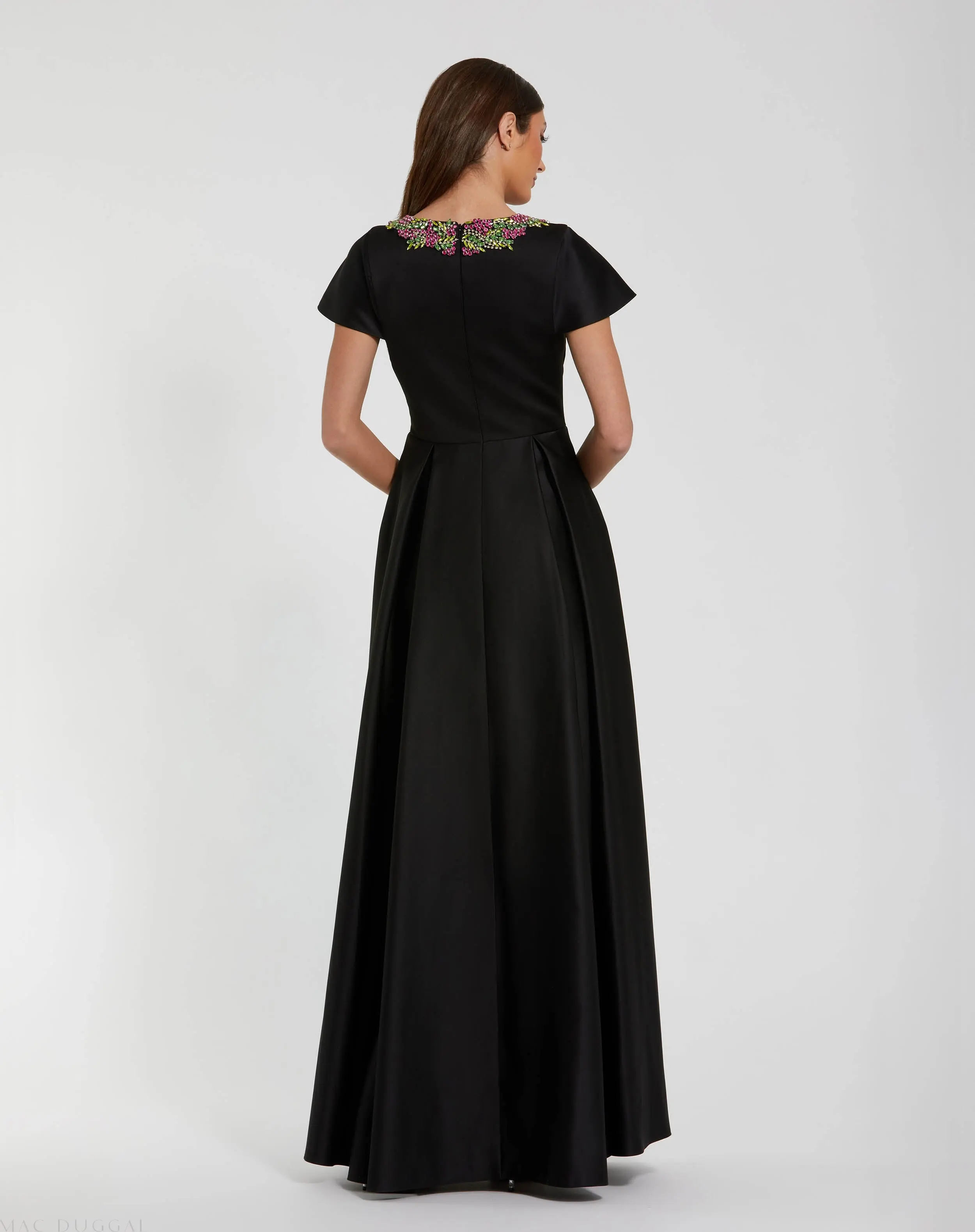 Black Satin Flutter Sleeve Gown With Neckline Beading - Image 3