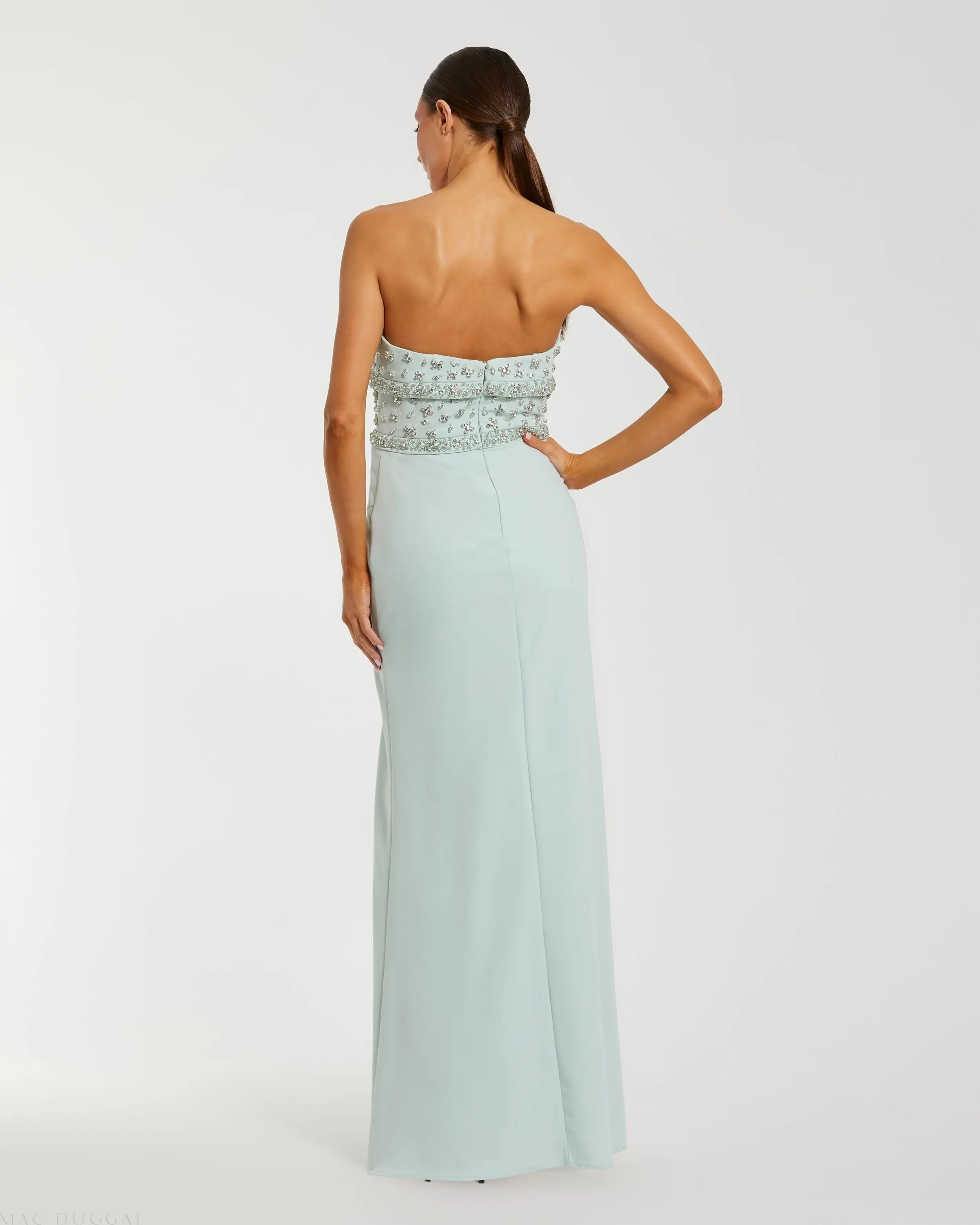 Green Strapless Rhinestone Bodice Crepe Gown - Image 3