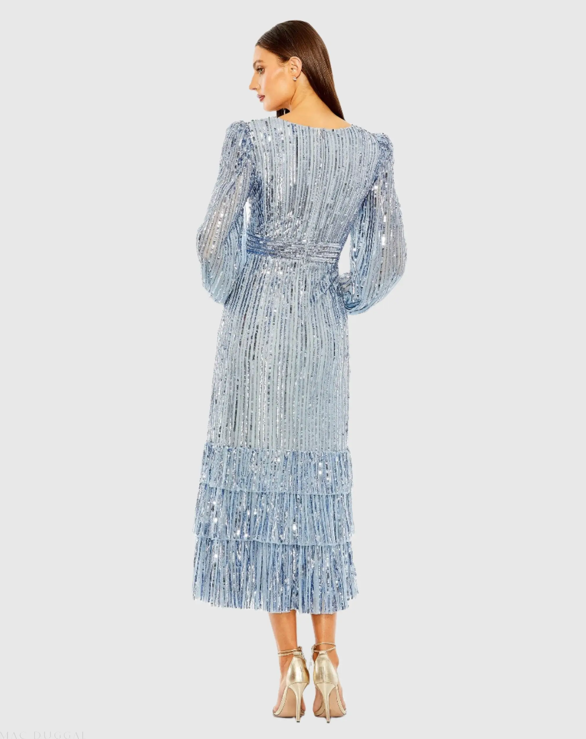 Blue A-Line V-Neck Sequin Ruffle Dress - Image 3