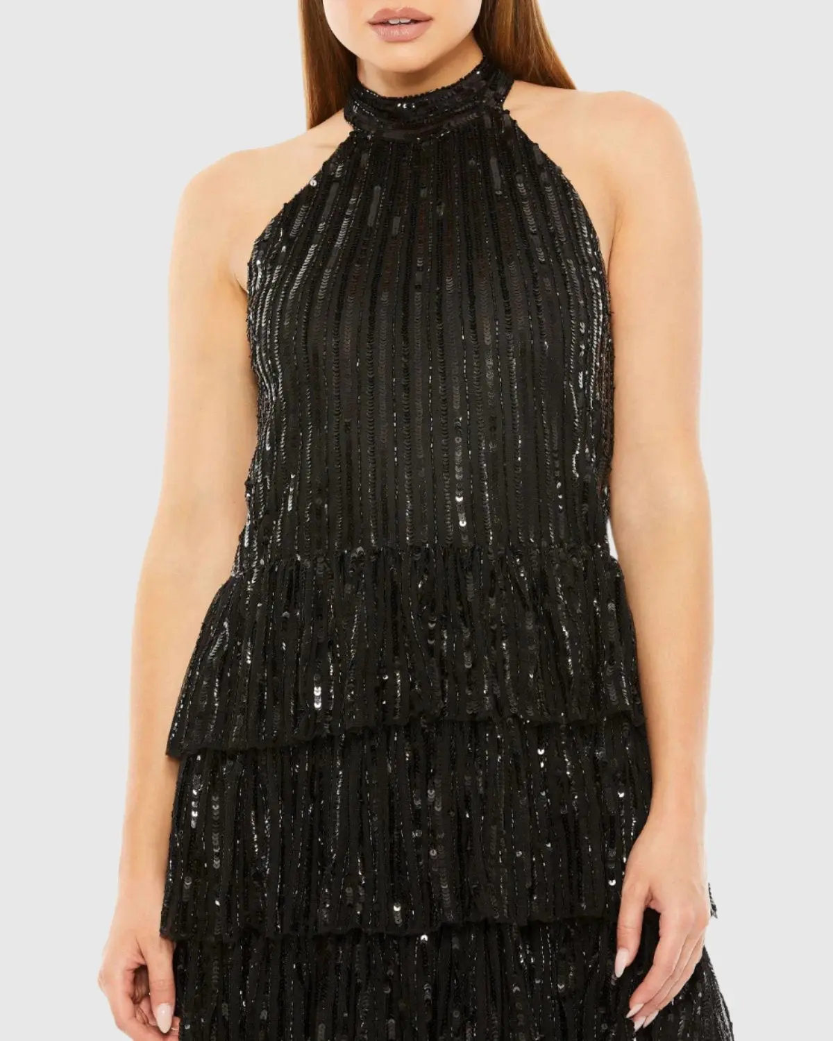 Black High Neck A-Line Ruffle Sequin Mini Dress - FINAL SALE - Image 2