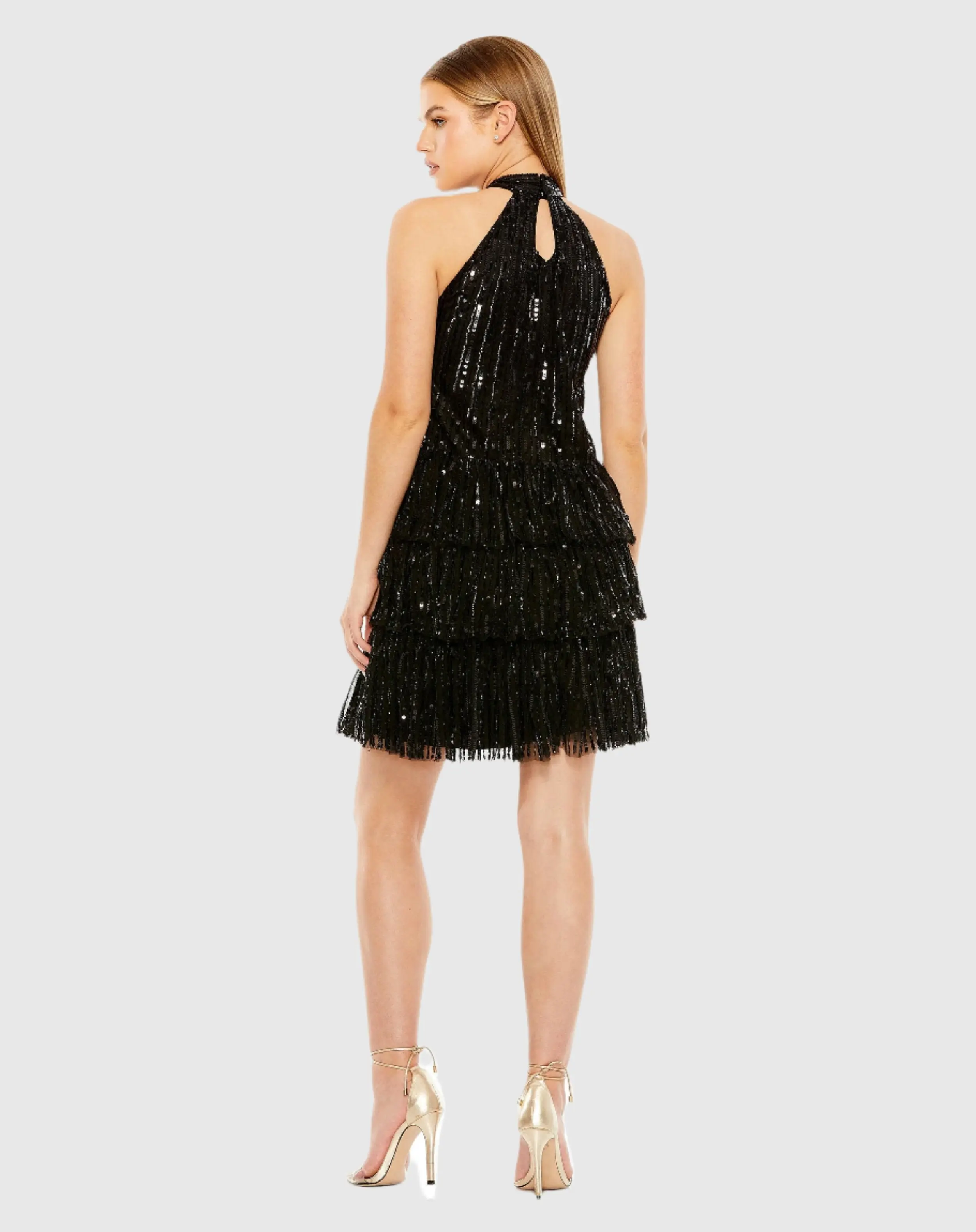 Black High Neck A-Line Ruffle Sequin Mini Dress - FINAL SALE - Image 3