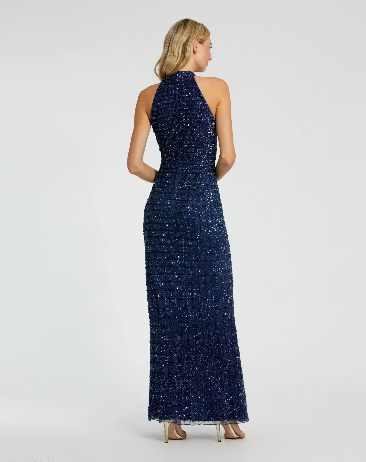 Navy Embellished Halter Neck Keyhole Gown - Image 3