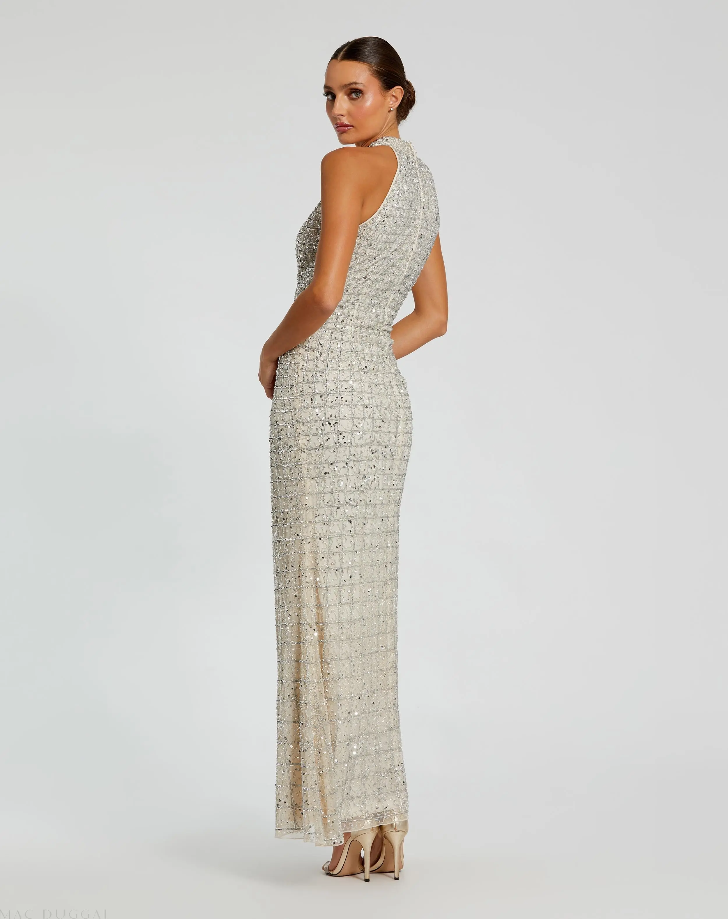 Silver Embellished Halter Neck Keyhole Gown - Image 3