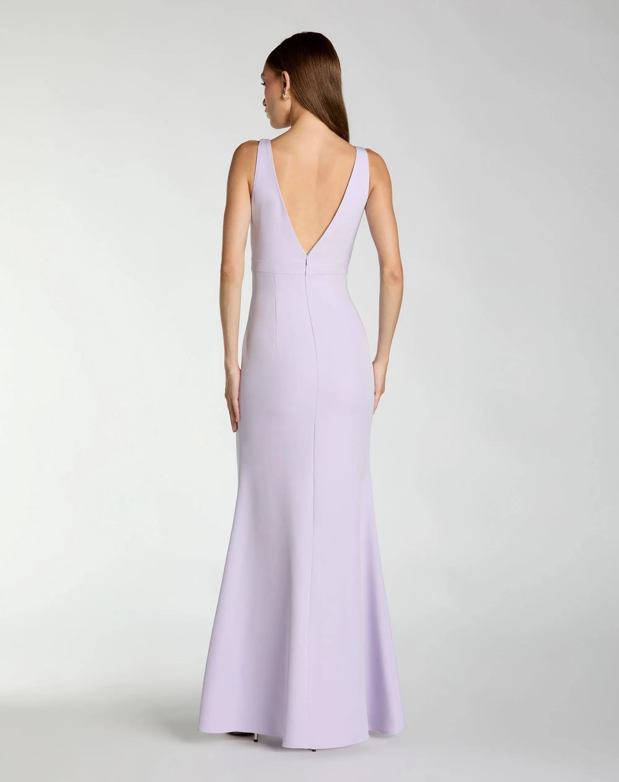 Purple Sleeveless V Neck Mermaid Gown With Bow - Image 3