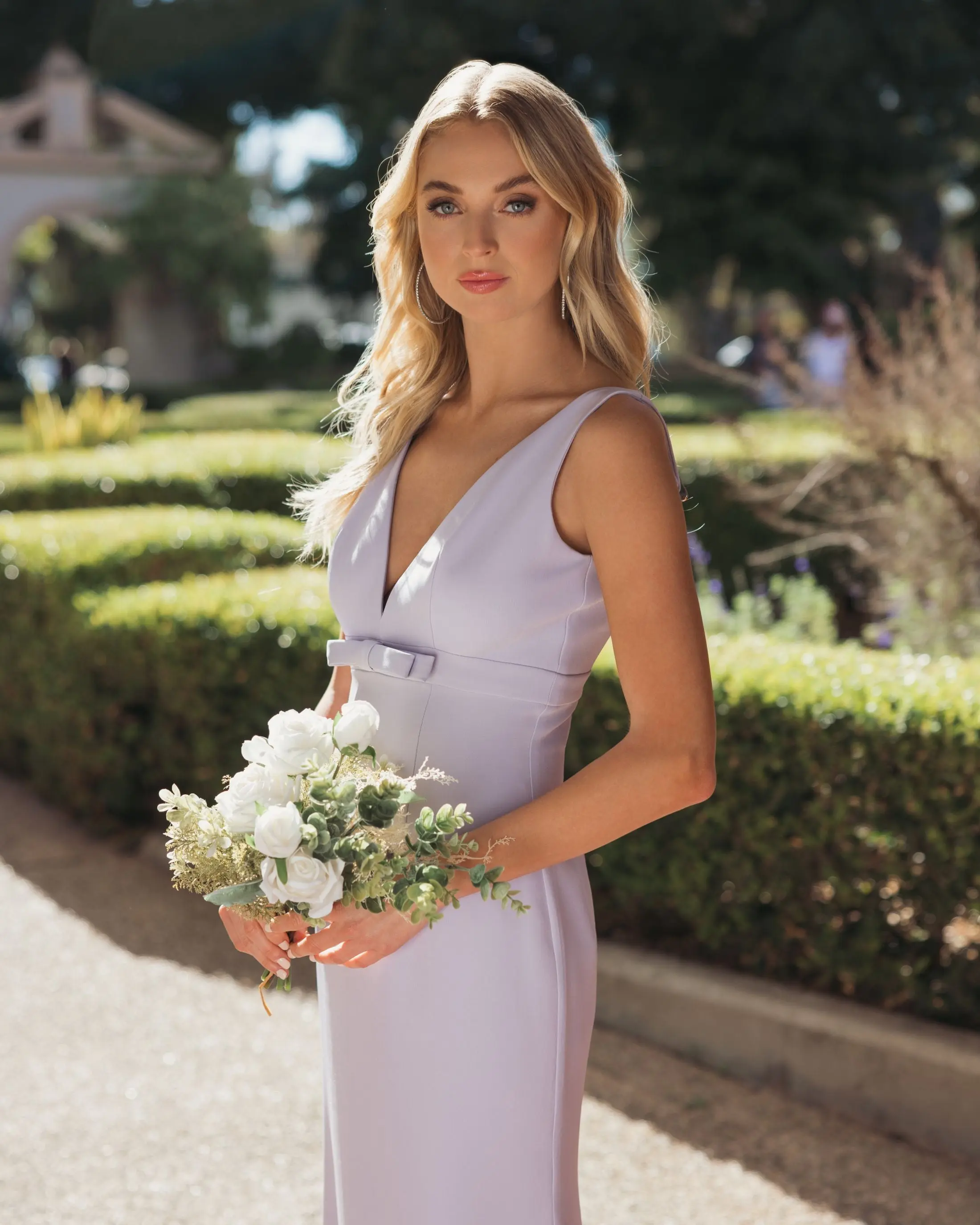 Purple Sleeveless V Neck Mermaid Gown With Bow - Image 5