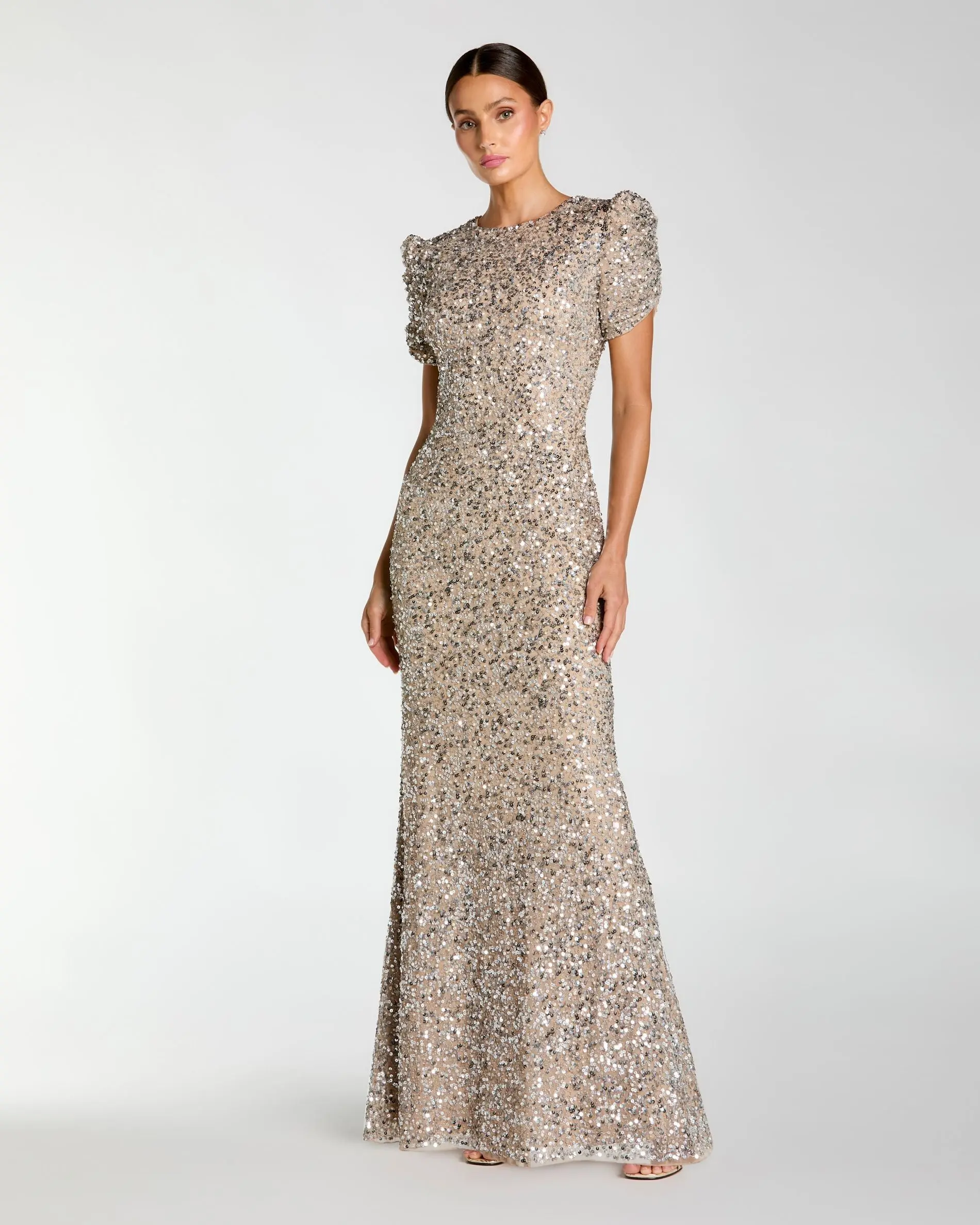 Gathered Short Sleeve Beaded Gown - Image 2