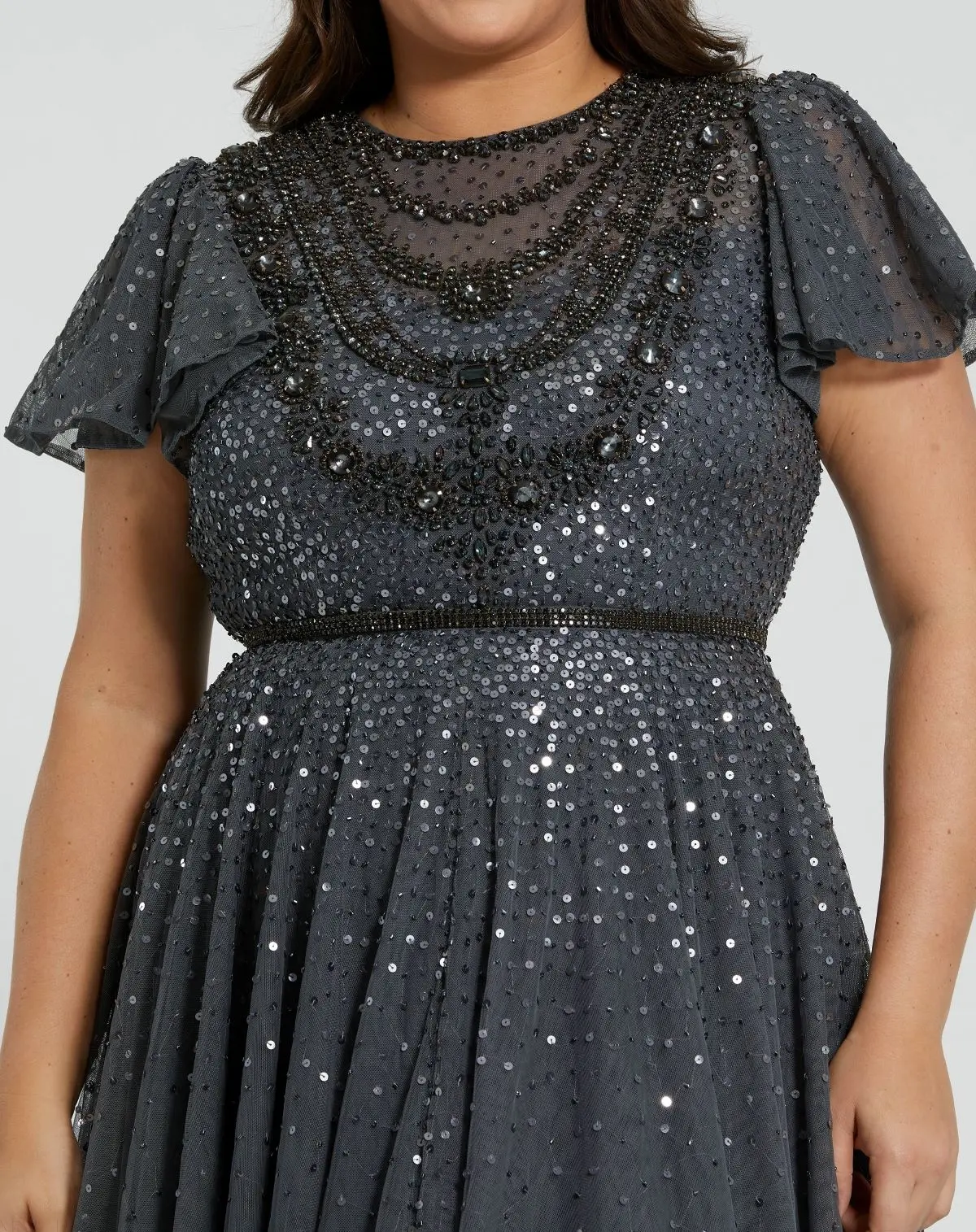 Gray Embellished Flutter Sleeve Evening Gown (Plus) - FINAL SALE - Image 2