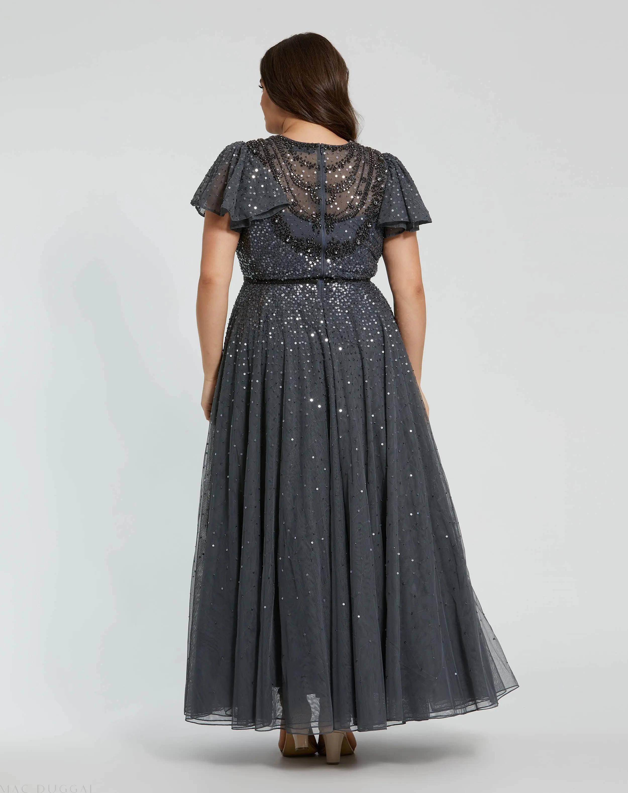 Gray Embellished Flutter Sleeve Evening Gown (Plus) - FINAL SALE - Image 3