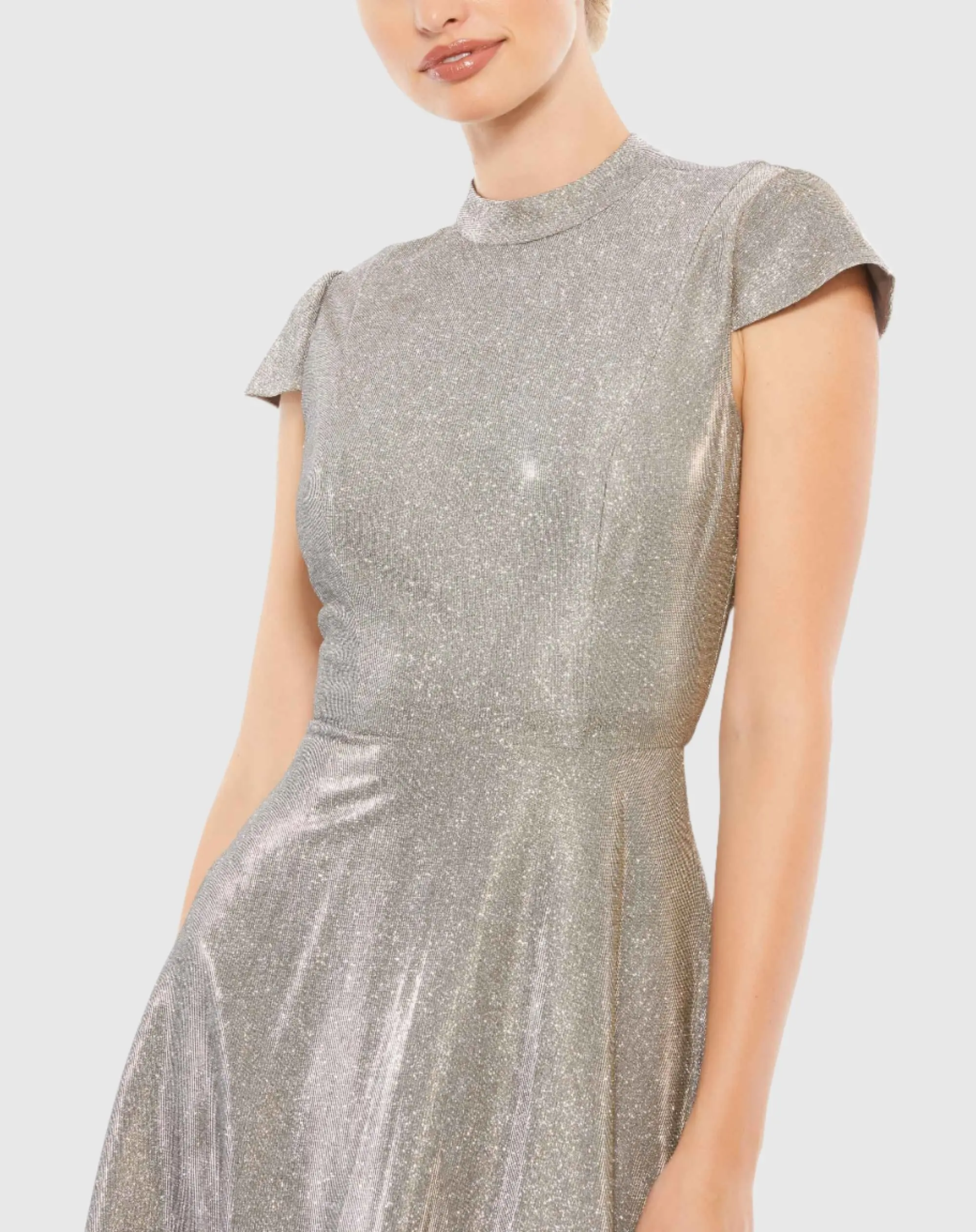 Silver Metallic Cap Sleeve Tea-Length Dress - Image 2