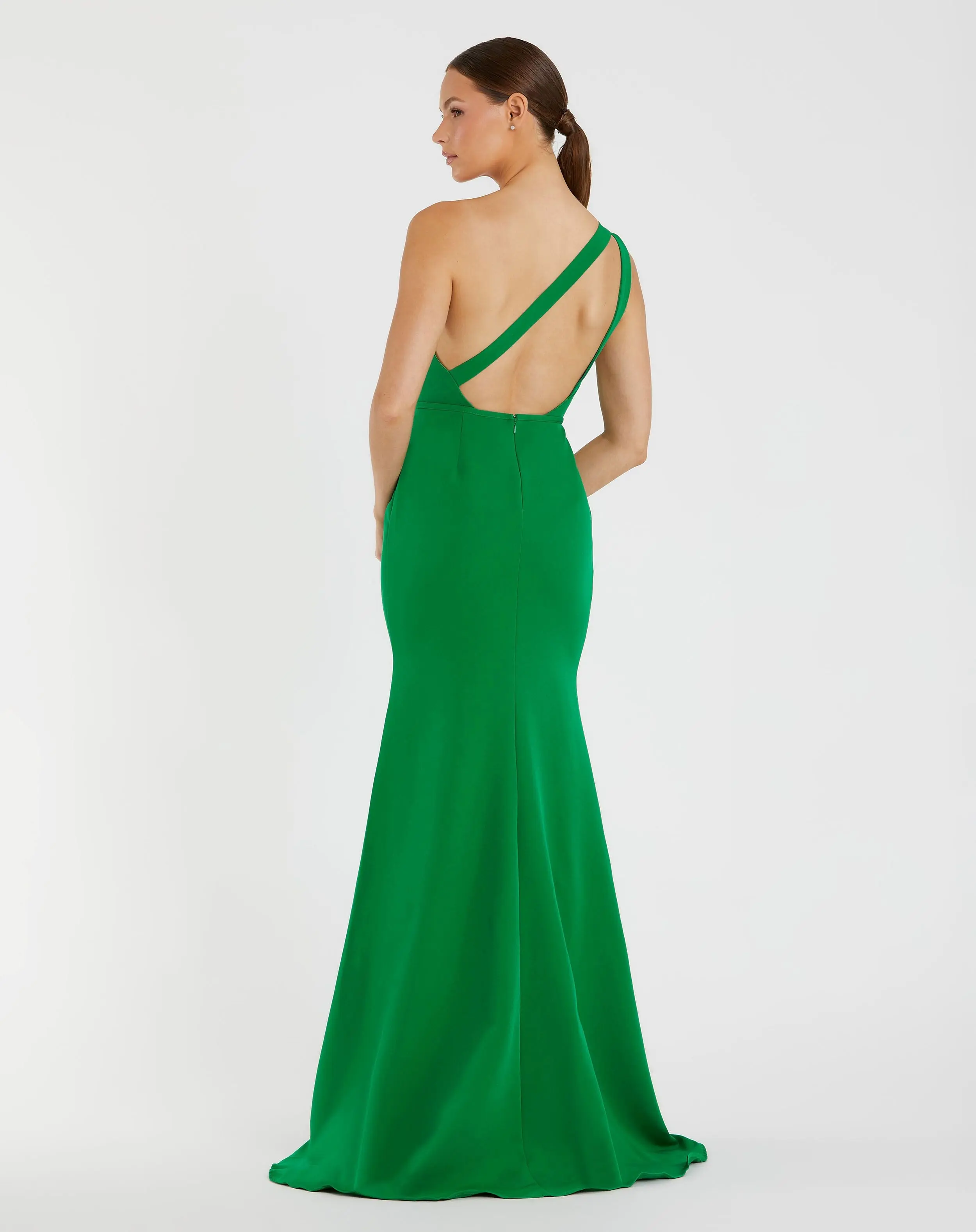 Green One Shoulder Crepe Mermaid Gown - Image 3
