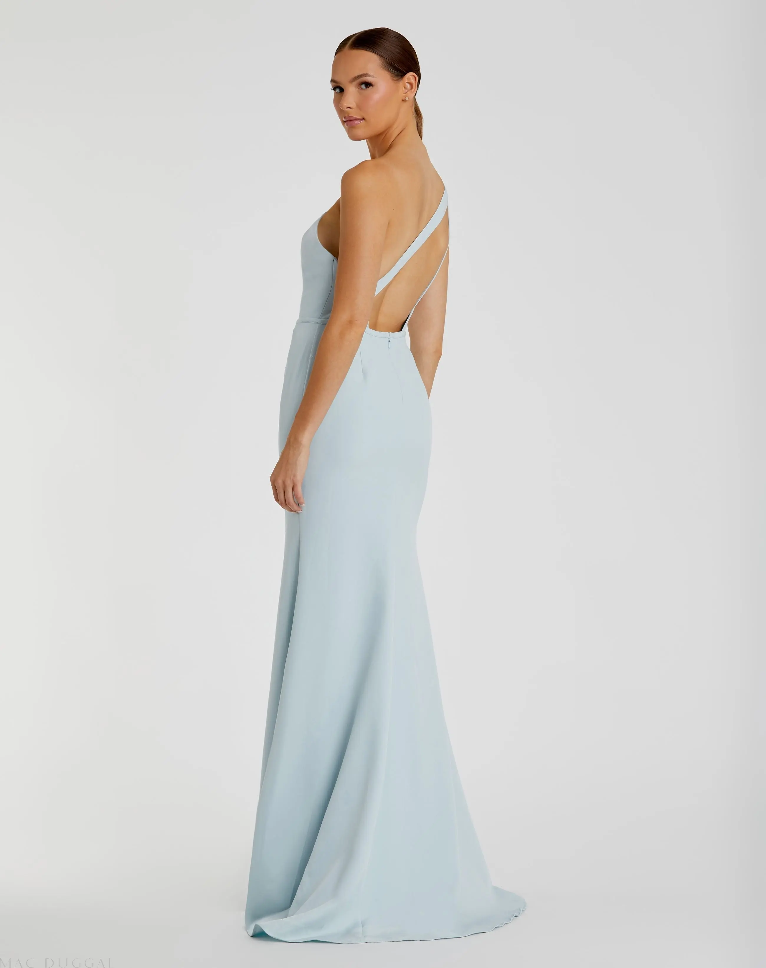 Blue One Shoulder Crepe Mermaid Gown - FINAL SALE - Image 3