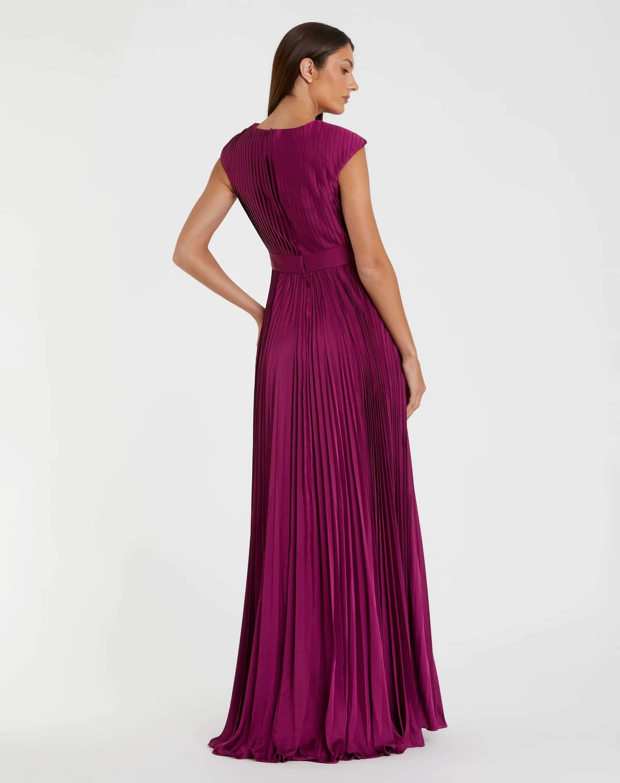 Purple Pleated Plunge Neck Belted A Line Gown - Image 3