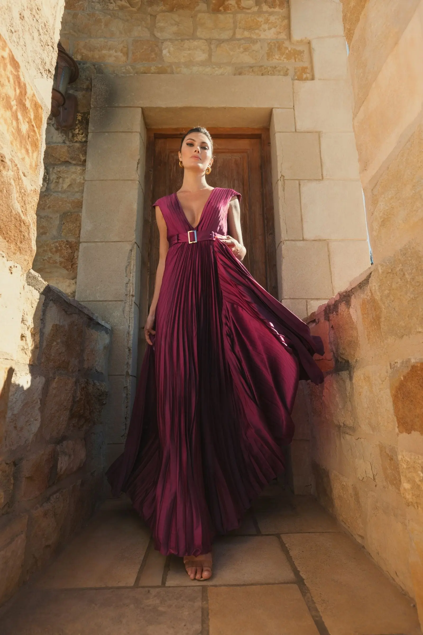 Purple Pleated Plunge Neck Belted A Line Gown - Image 4