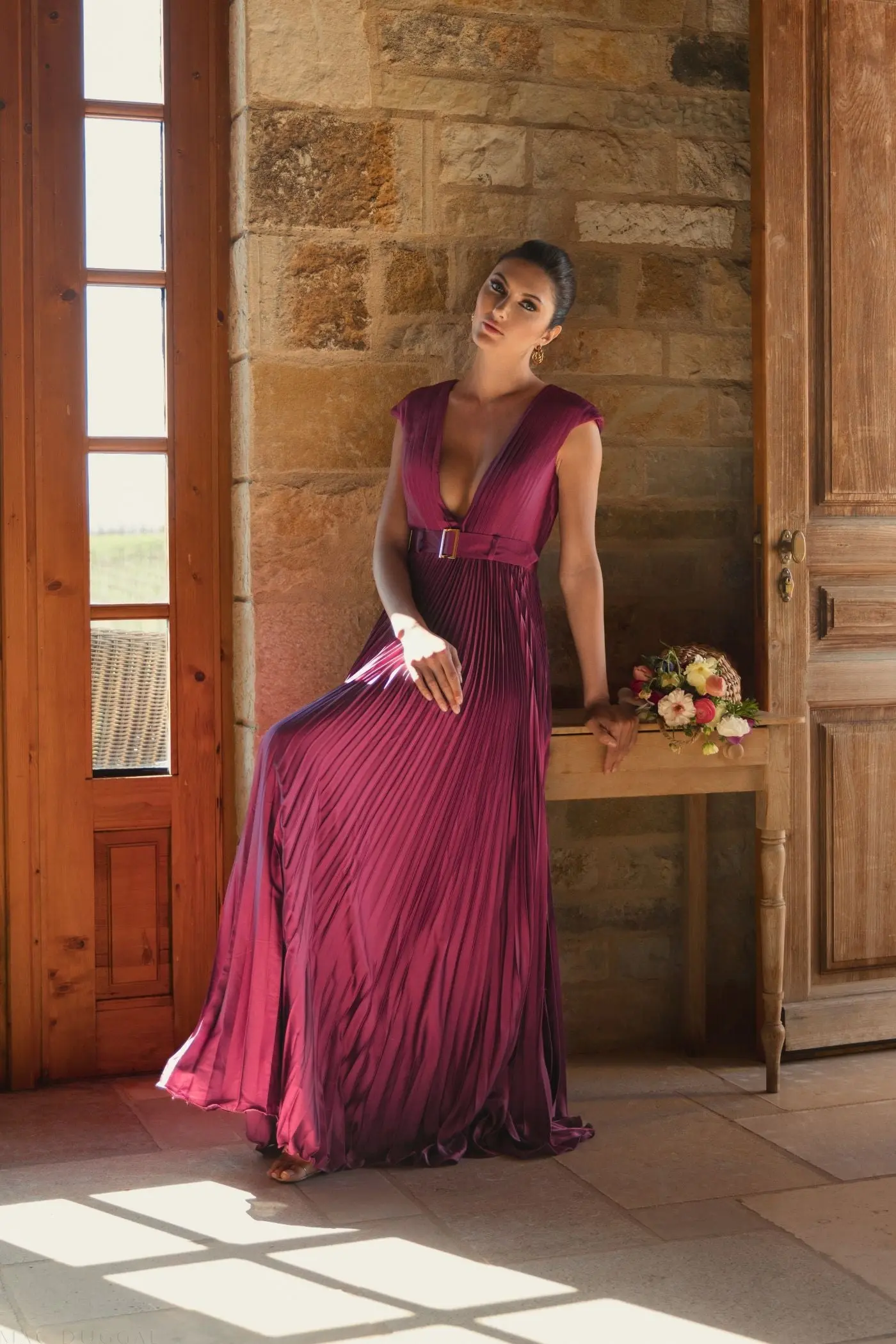 Purple Pleated Plunge Neck Belted A Line Gown - Image 6